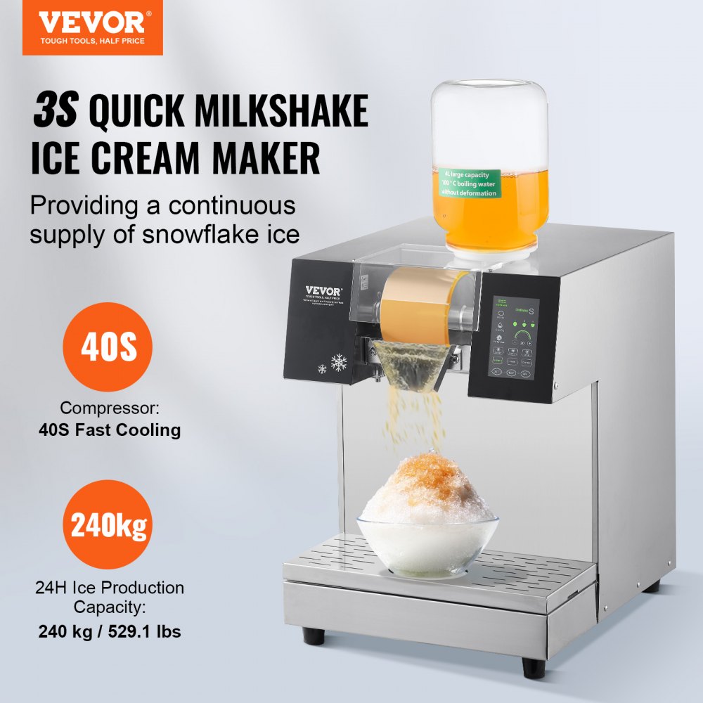 VEVOR Commercial Snowflake Ice Machine, 240 kg/24h Snowflake Ice Maker, Stainless Steel Ice Shaver, Electric Snow Cone Maker, Liquid Cooling System with Touch LCD
