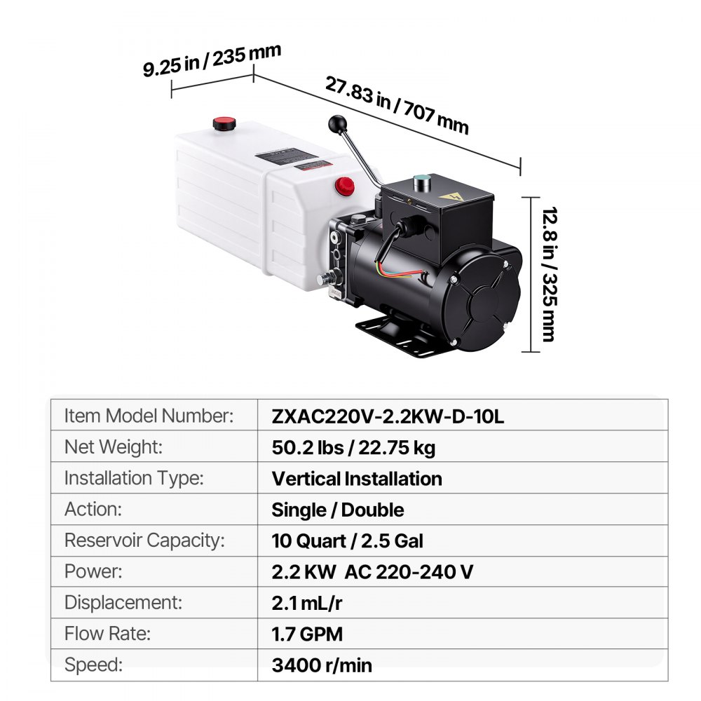 VEVOR Pompa Idraulica per Rimorchio Ribaltabile 2,2 kW Portata 6,3 L/min Centralina Idraulica, Semplice Effetto, Velocità 3400 giri/min, Installazione Verticale, Pressione Scarico 22 MPa, per Auto