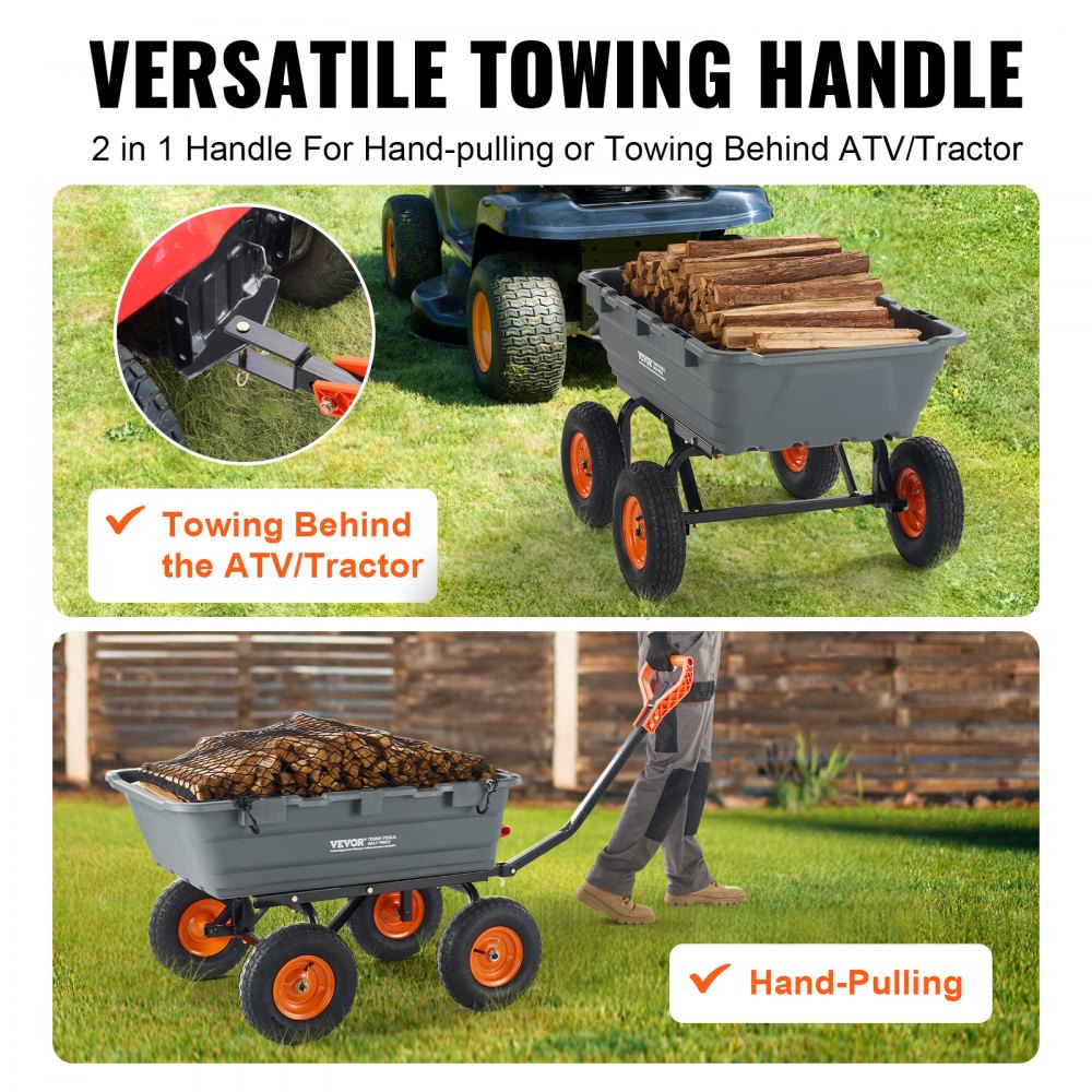 VEVOR Carrello Ribaltabile 1025 x 640 x 280 mm Carrello Ribaltabile da Giardino in polietilene, Telaio in Acciaio Facile Montare, Maniglia Convertibile 2 in 1, Capacità 544,31 kg Pneumatici 330,2 mm