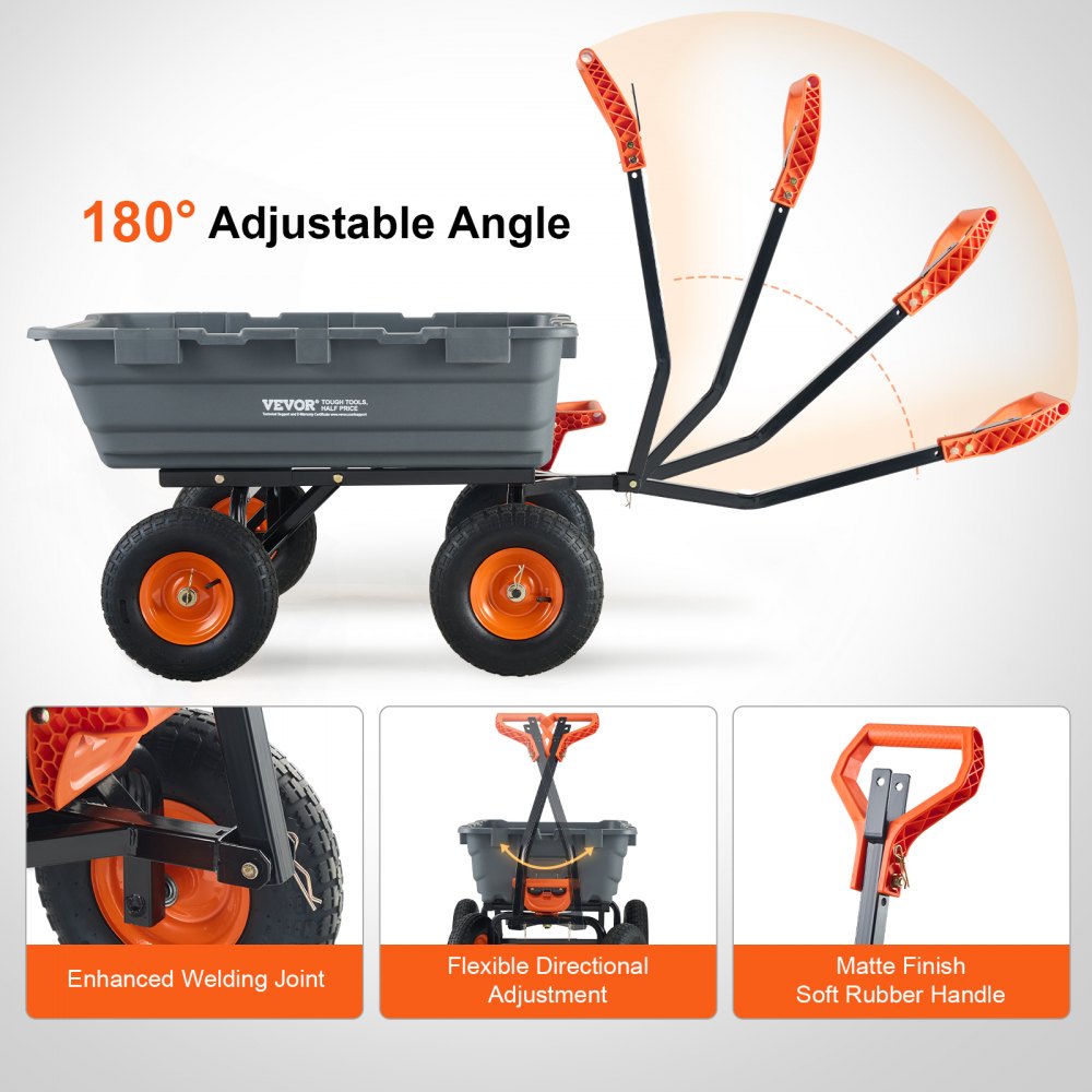 VEVOR Carrello Ribaltabile 1025 x 640 x 280 mm Carrello Ribaltabile da Giardino in polietilene, Telaio in Acciaio Facile Montare, Maniglia Convertibile 2 in 1, Capacità 544,31 kg Pneumatici 330,2 mm