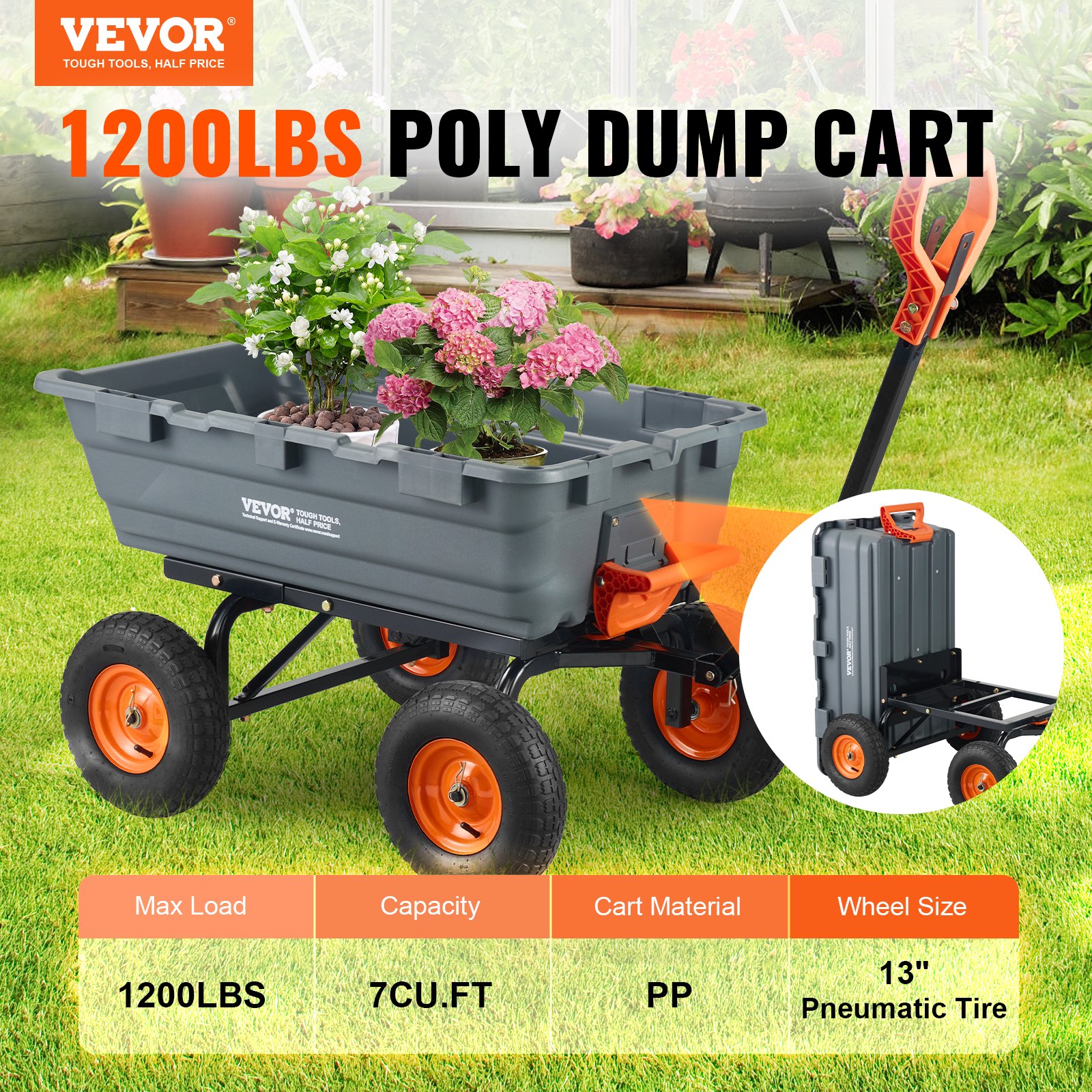 VEVOR Carrello Ribaltabile 1025 x 640 x 280 mm Carrello Ribaltabile da Giardino in polietilene, Telaio in Acciaio Facile Montare, Maniglia Convertibile 2 in 1, Capacità 544,31 kg Pneumatici 330,2 mm