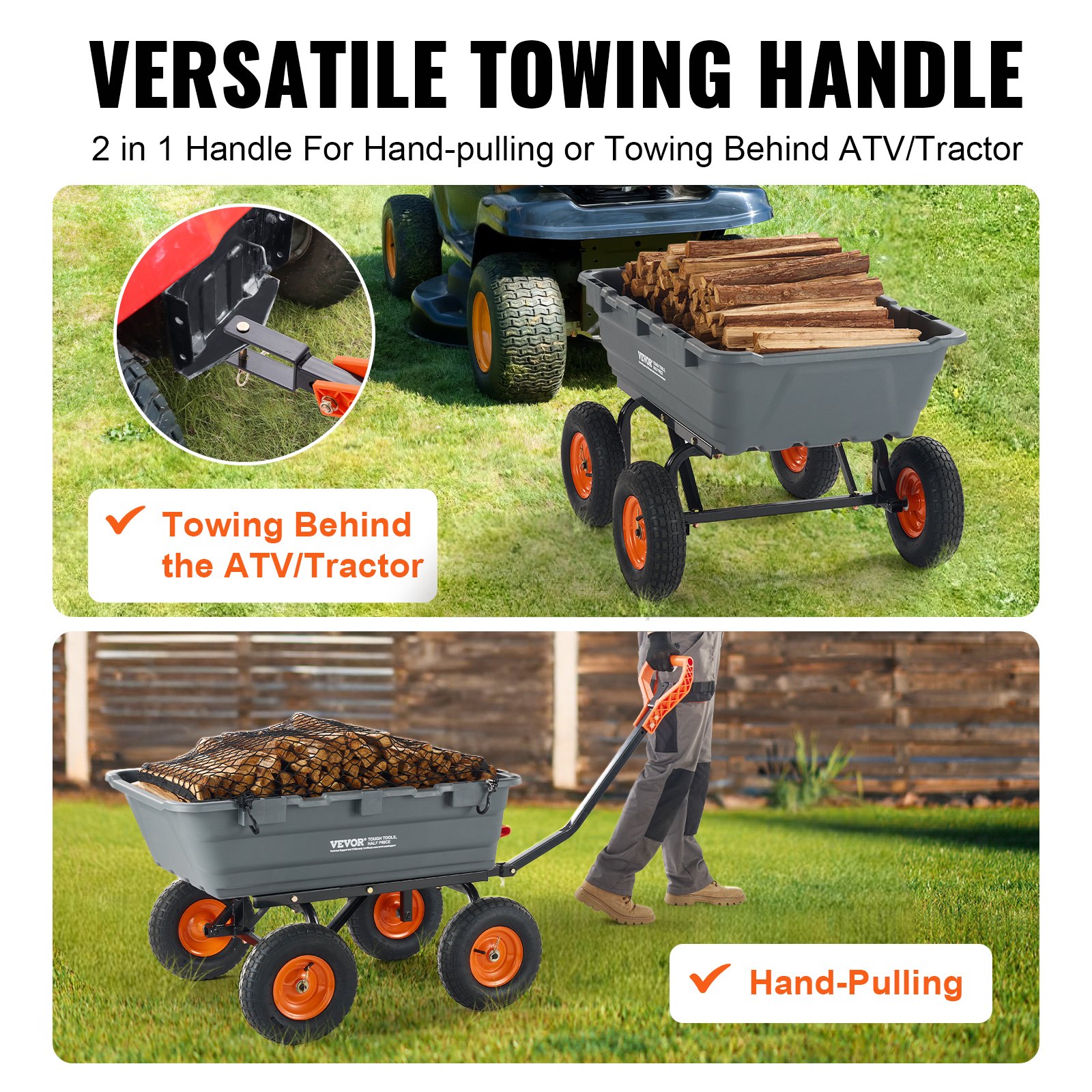 VEVOR Carrello Ribaltabile 1025 x 640 x 280 mm Carrello Ribaltabile da Giardino in polietilene, Telaio in Acciaio Facile Montare, Maniglia Convertibile 2 in 1, Capacità 544,31 kg Pneumatici 330,2 mm