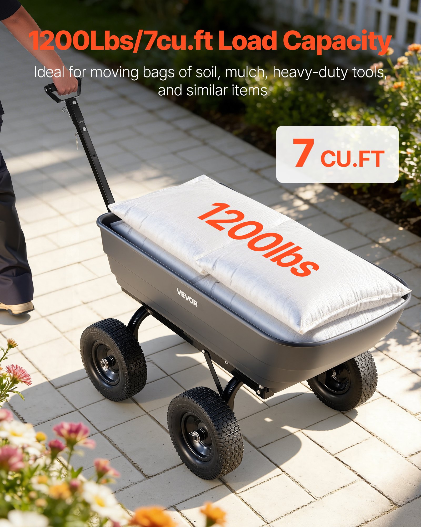 VEVOR Carrello Ribaltabile da Giardino in Polietilene Carico max. da 544 kg, Carrello da Giardino con Maniglia Convertibile Scarico Rapido a 90°, Ruote Girevoli a 180° per Giardinaggio