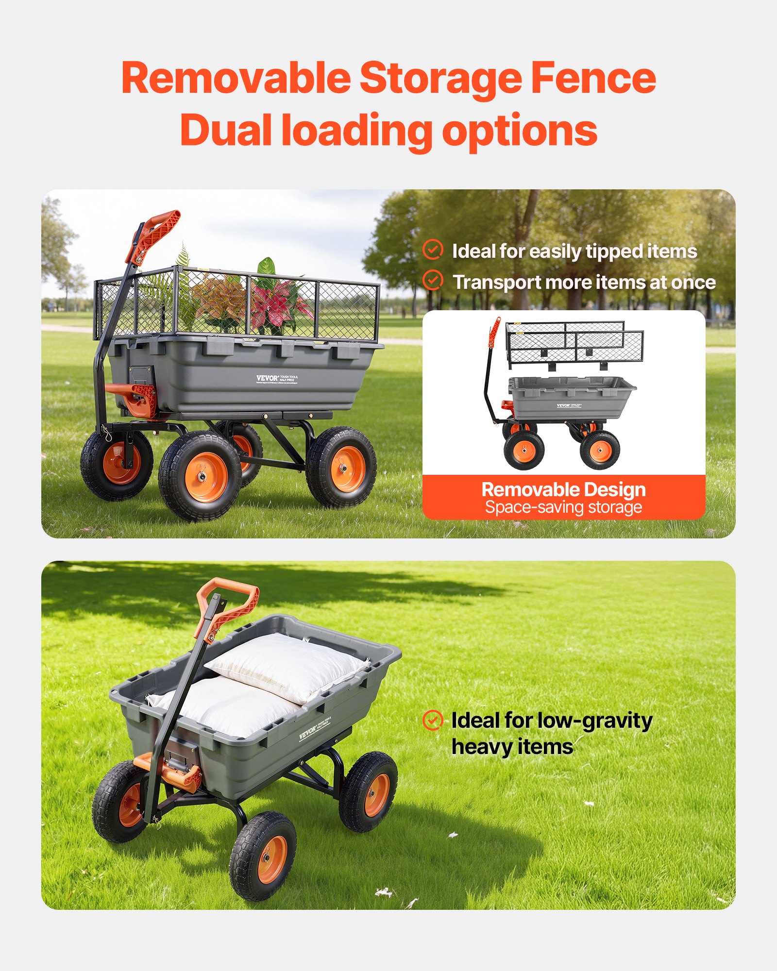 VEVOR Garden Dump Cart, 544 kg Poly Dump Cart, Garden Carts Dumps Wagon with Storage Fence, 2-in-1 Convertible Handle, 90° Quick-Dumps Mechanism, 180° Swivel Wheels, Yard Wagon for Plants, Soil