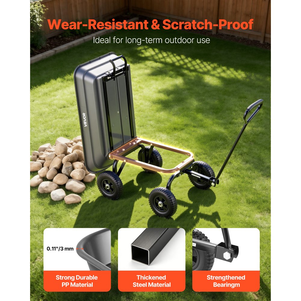 VEVOR Garden Dump Cart, 181 kg Poly Dump Cart, Garden Carts Dumps Wagon with 90° Quick-Dumps Mechanism, 180° Swivel Wheels, 270° Flexible Rotating Bearings, Yard Wagon for Plants, Soil, Crops