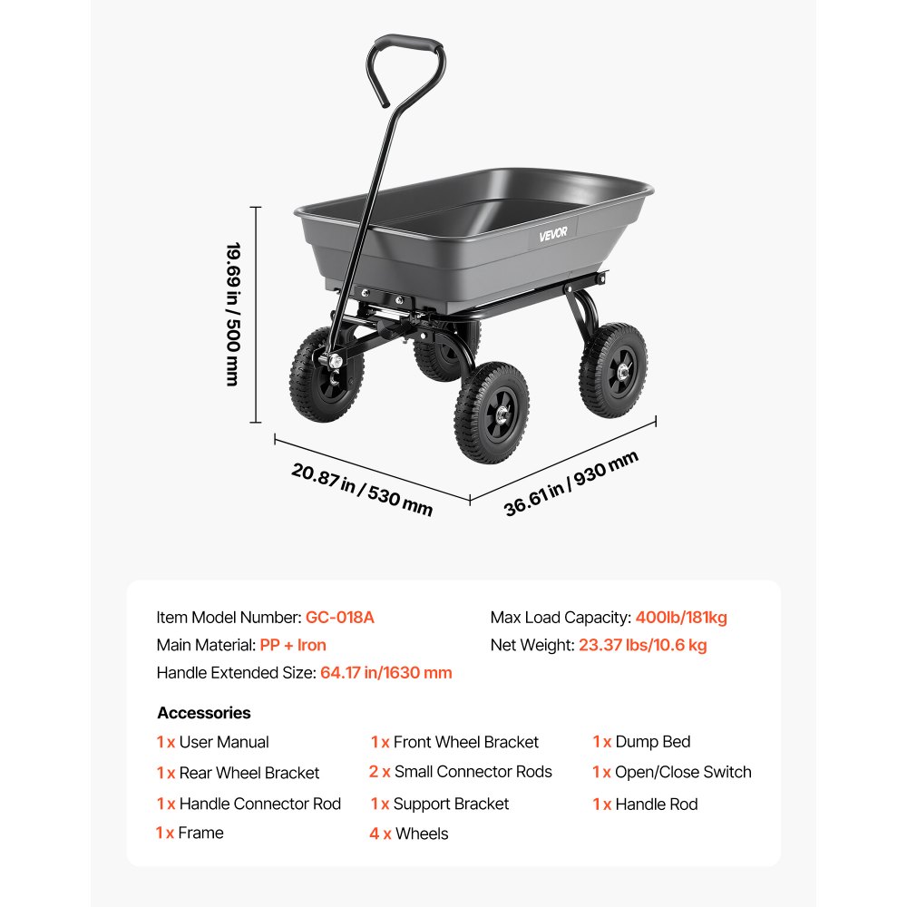 VEVOR Garden Dump Cart, 181 kg Poly Dump Cart, Garden Carts Dumps Wagon with 90° Quick-Dumps Mechanism, 180° Swivel Wheels, 270° Flexible Rotating Bearings, Yard Wagon for Plants, Soil, Crops