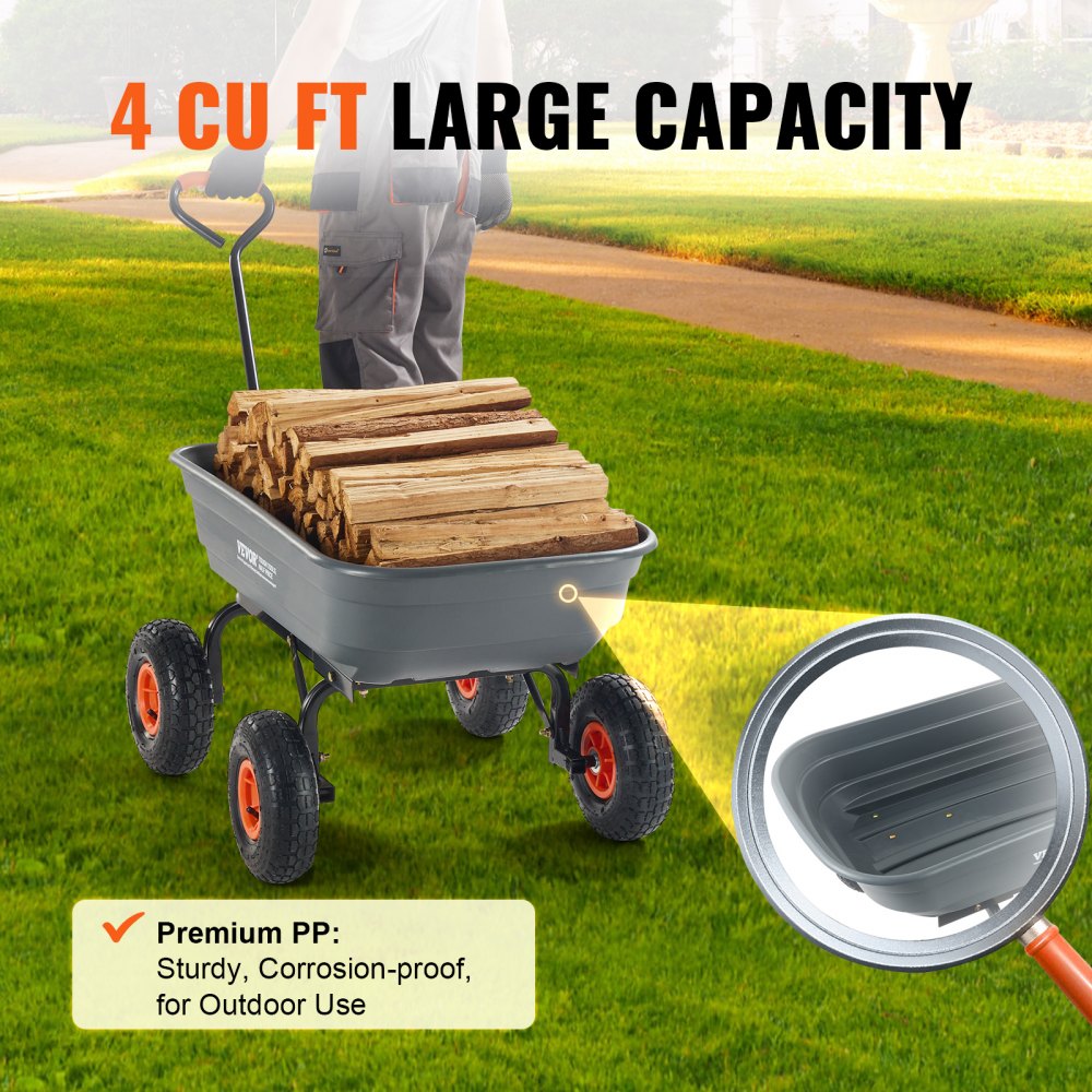 VEVOR Carrello Ribaltabile, Carrello Ribaltabile Giardino in Poly Telaio in Acciaio Facile da Montare, Carro Maniglia Convertibile 2 in 1, Carriola Utilitaria Capacità 272,15 kg, Pneumatici 254 mm