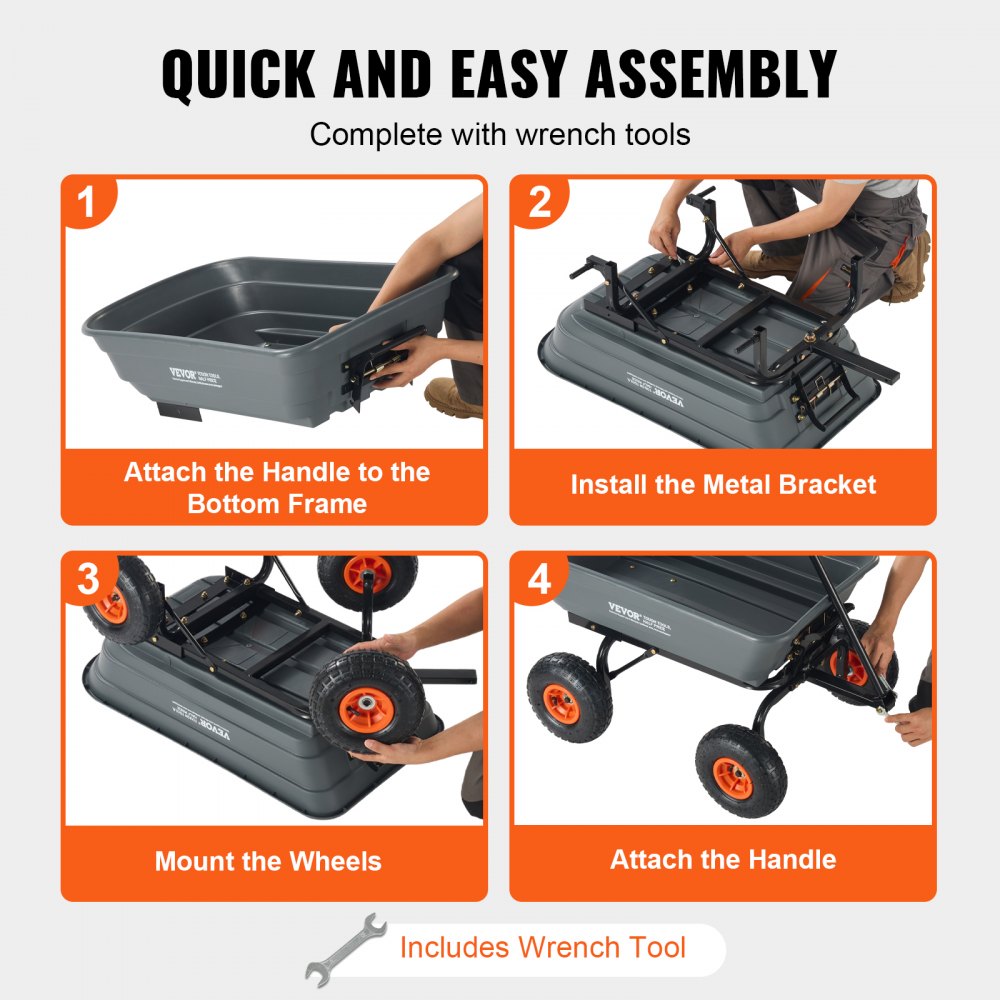 VEVOR Carrello Ribaltabile, Carrello Ribaltabile Giardino in Poly Telaio in Acciaio Facile da Montare, Carro Maniglia Convertibile 2 in 1, Carriola Utilitaria Capacità 272,15 kg, Pneumatici 254 mm