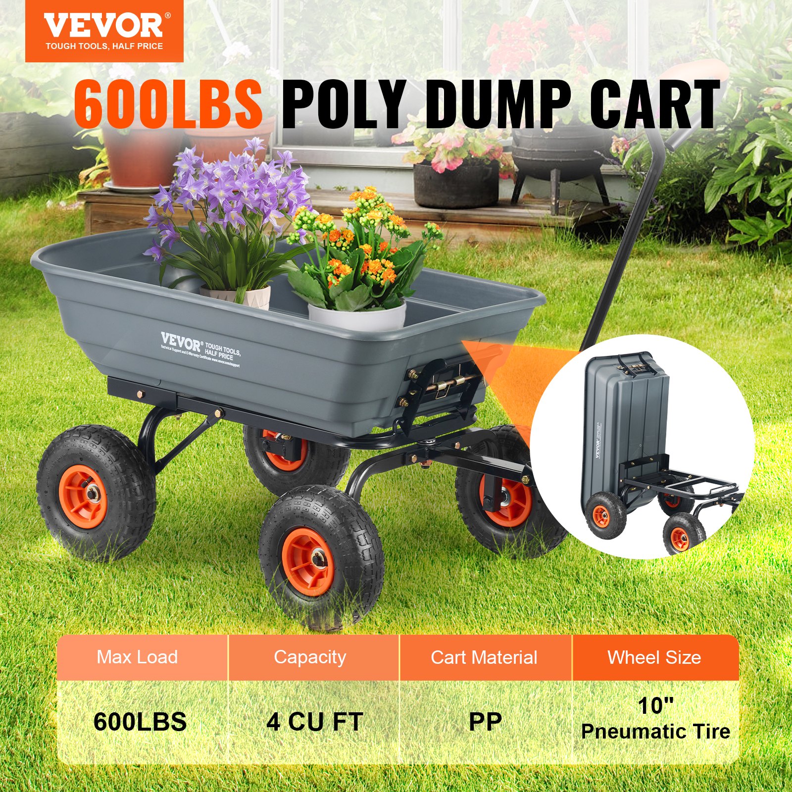 VEVOR Transport Cart, Garden Cart with Easy-to-Assemble Steel Frame, Garden Trolley with Convertible 2-in-1 Handle, Multi-Purpose Wheelbarrow with 270 kg Load Capacity, 25.4 cm Tires