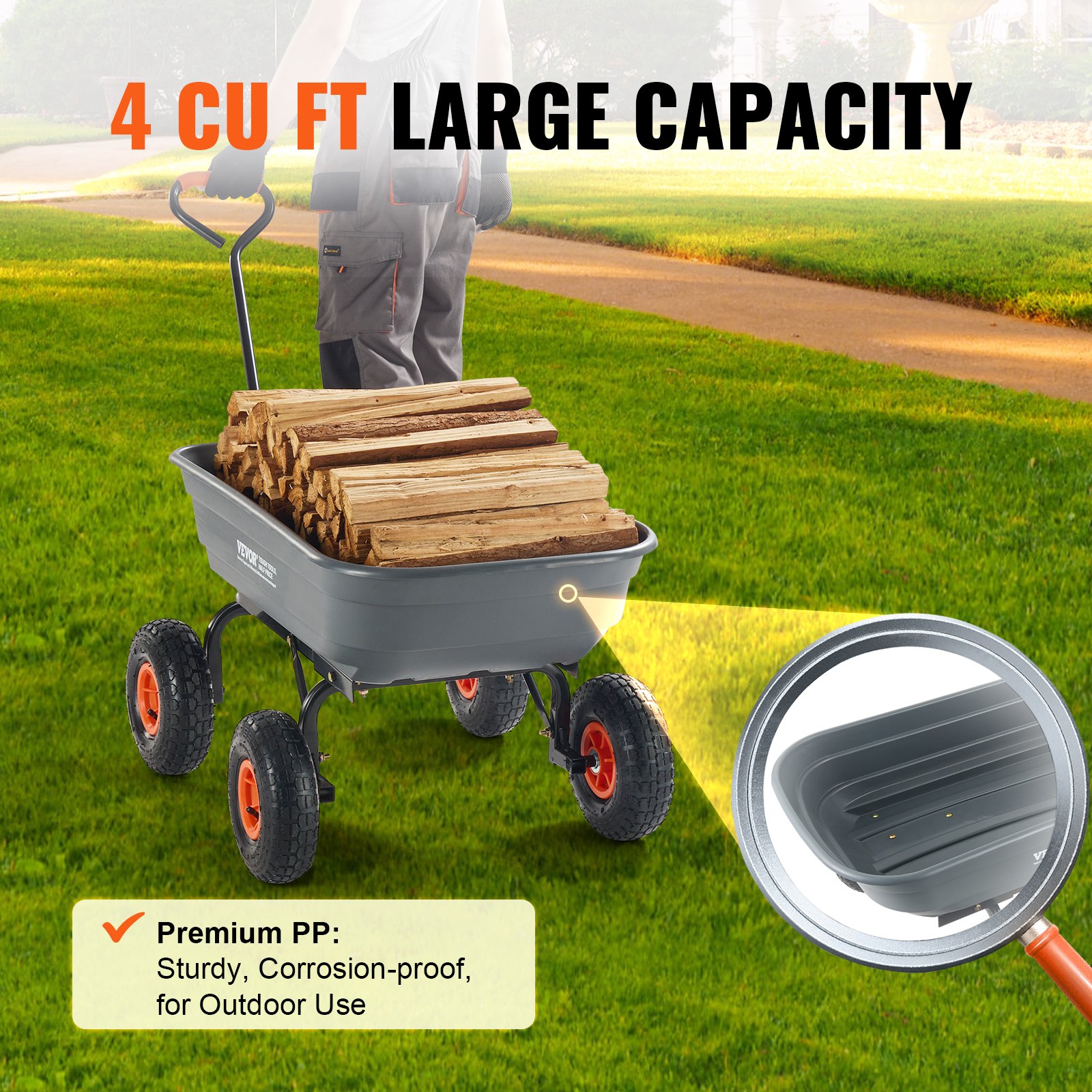 VEVOR Carrello Ribaltabile, Carrello Ribaltabile Giardino in Poly Telaio in Acciaio Facile da Montare, Carro Maniglia Convertibile 2 in 1, Carriola Utilitaria Capacità 272,15 kg, Pneumatici 254 mm