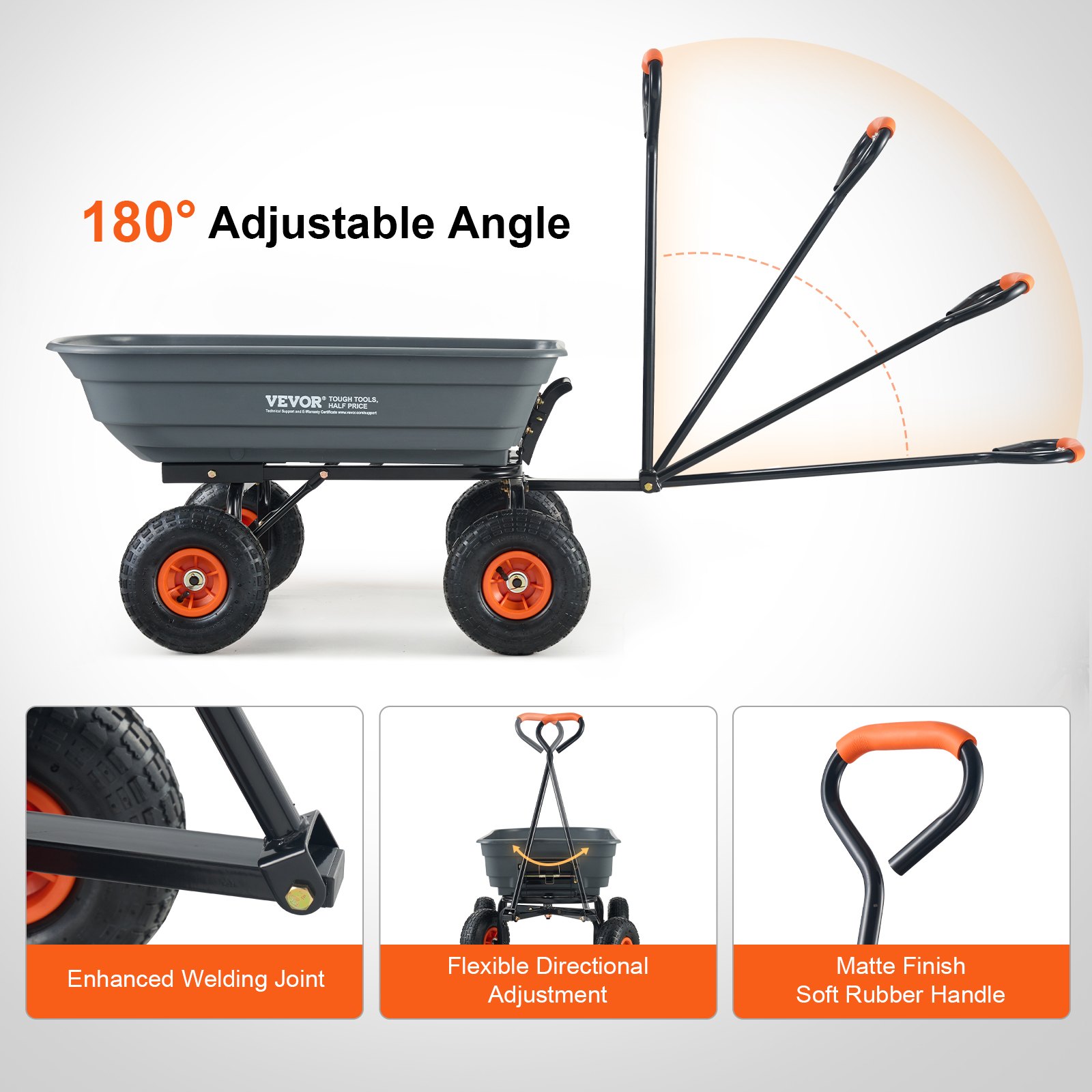 VEVOR Carrello Ribaltabile, Carrello Ribaltabile Giardino in Poly Telaio in Acciaio Facile da Montare, Carro Maniglia Convertibile 2 in 1, Carriola Utilitaria Capacità 272,15 kg, Pneumatici 254 mm