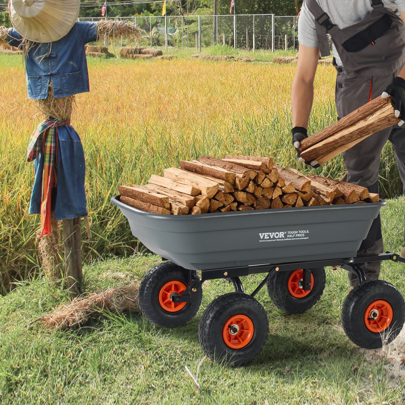 VEVOR Carrello Ribaltabile, Carrello Ribaltabile Giardino in Poly Telaio in Acciaio Facile da Montare, Carro Maniglia Convertibile 2 in 1, Carriola Utilitaria Capacità 272,15 kg, Pneumatici 254 mm