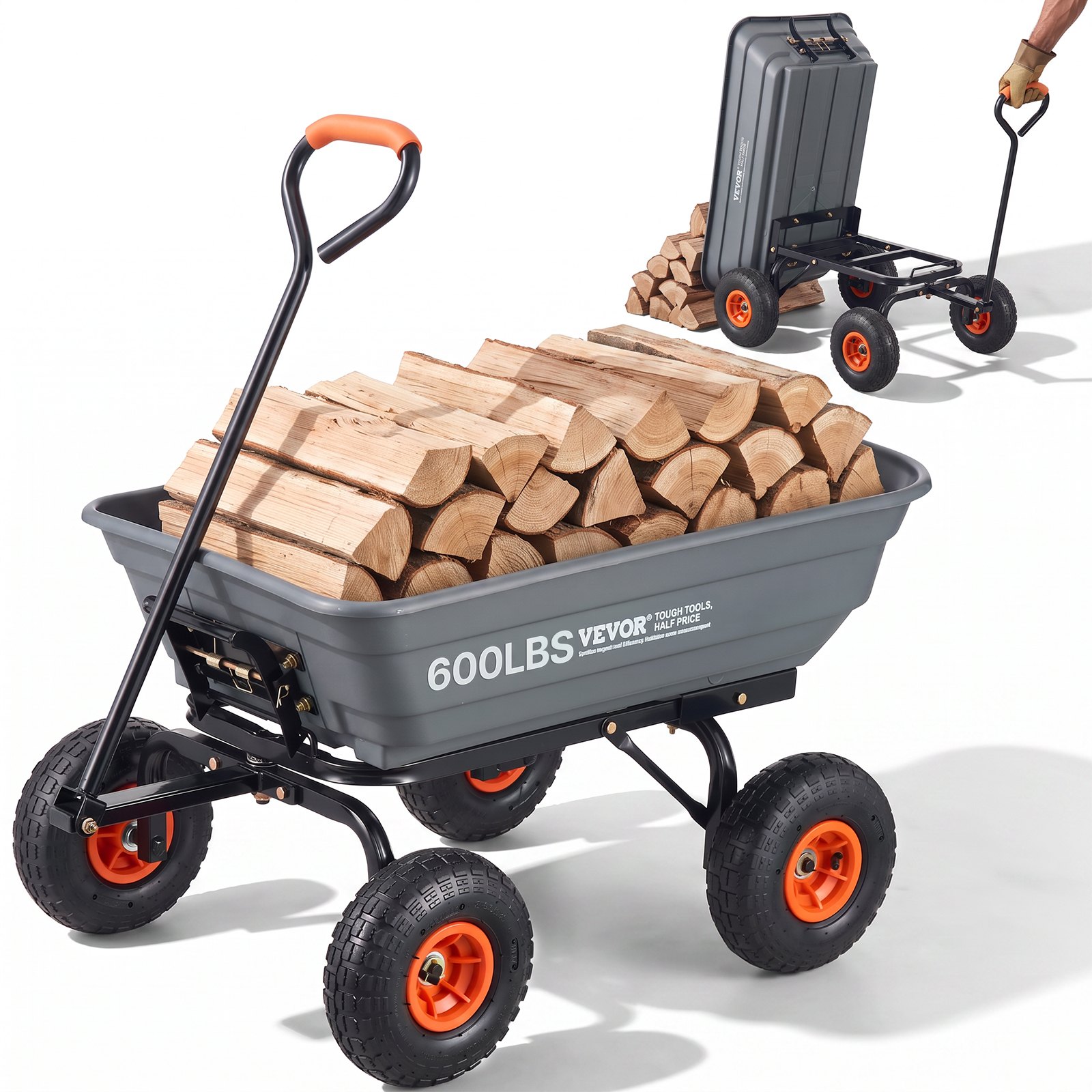 VEVOR Carrello Ribaltabile, Carrello Ribaltabile Giardino in Poly Telaio in Acciaio Facile da Montare, Carro Maniglia Convertibile 2 in 1, Carriola Utilitaria Capacità 272,15 kg, Pneumatici 254 mm