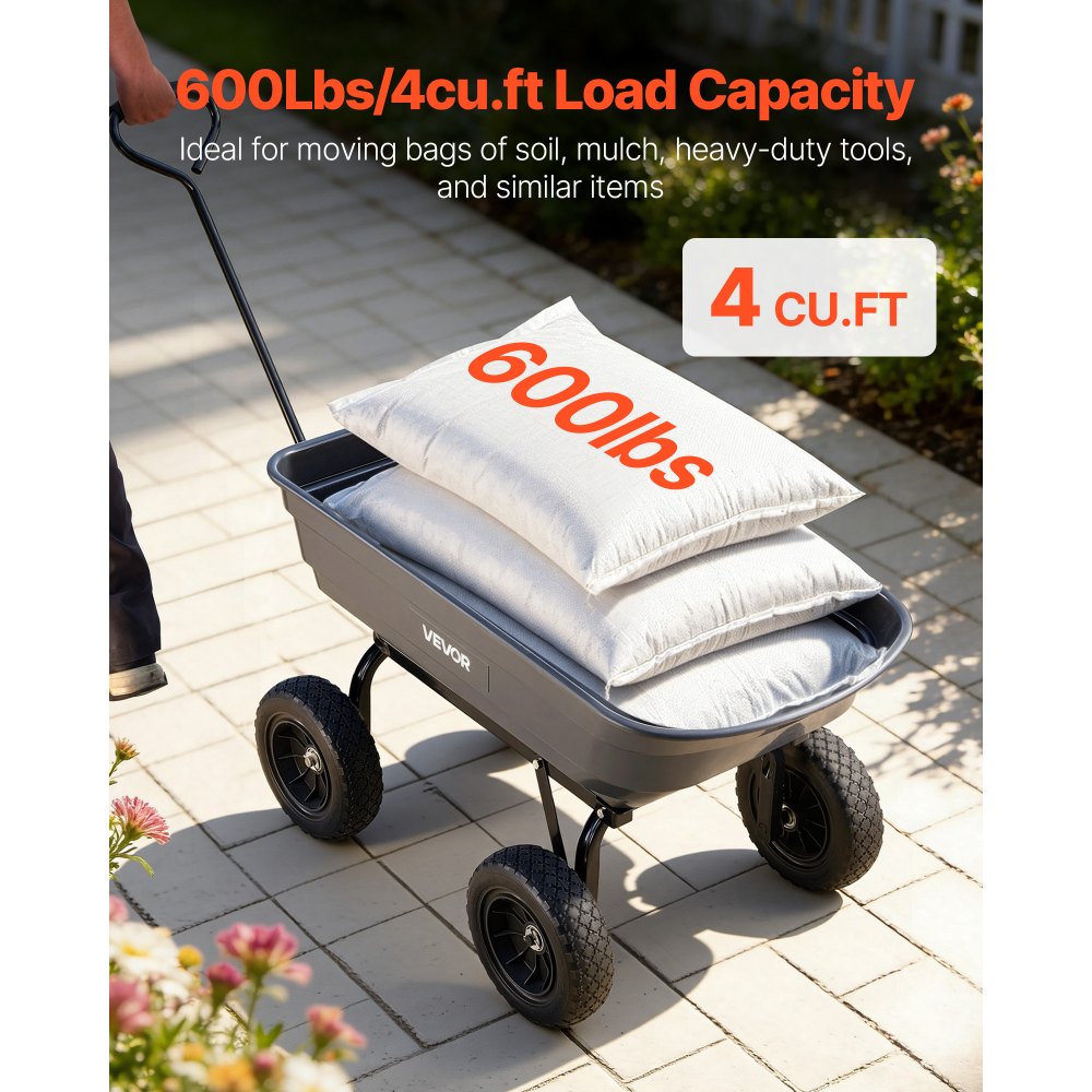 VEVOR Garden Dump Cart, 272 kg Poly Dump Cart, Garden Carts Dumps Wagon with 90° Quick-Dumps Mechanism, 180° Swivel Wheels, 270° Flexible Rotating Bearings, Yard Wagon for Plants, Soil, Crops