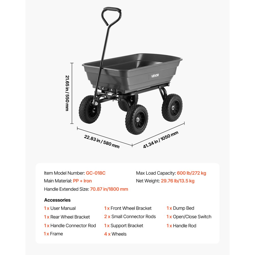 VEVOR Garden Dump Cart, 272 kg Poly Dump Cart, Garden Carts Dumps Wagon with 90° Quick-Dumps Mechanism, 180° Swivel Wheels, 270° Flexible Rotating Bearings, Yard Wagon for Plants, Soil, Crops