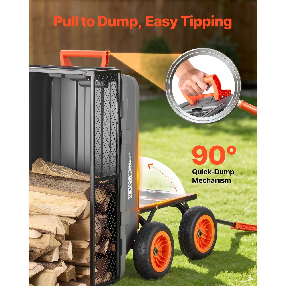 VEVOR Garden Dump Cart, 362 kg Poly Dump Cart, Garden Carts Dumps Wagon with Storage Fence, 90° Quick-Dumps Mechanism, 180° Swivel Wheels, 90° Rotating Handle, Yard Wagon for Plants, Soil, Crops