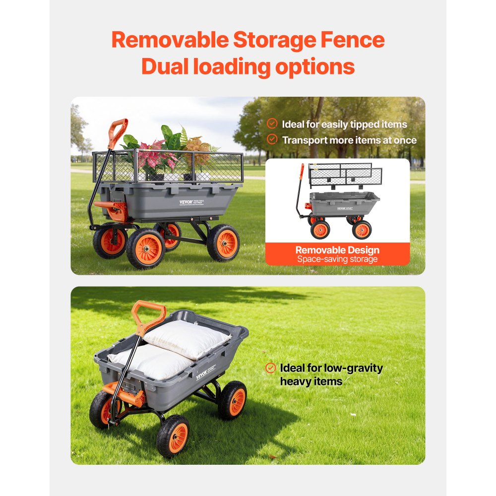 VEVOR Garden Dump Cart, 362 kg Poly Dump Cart, Garden Carts Dumps Wagon with Storage Fence, 90° Quick-Dumps Mechanism, 180° Swivel Wheels, 90° Rotating Handle, Yard Wagon for Plants, Soil, Crops