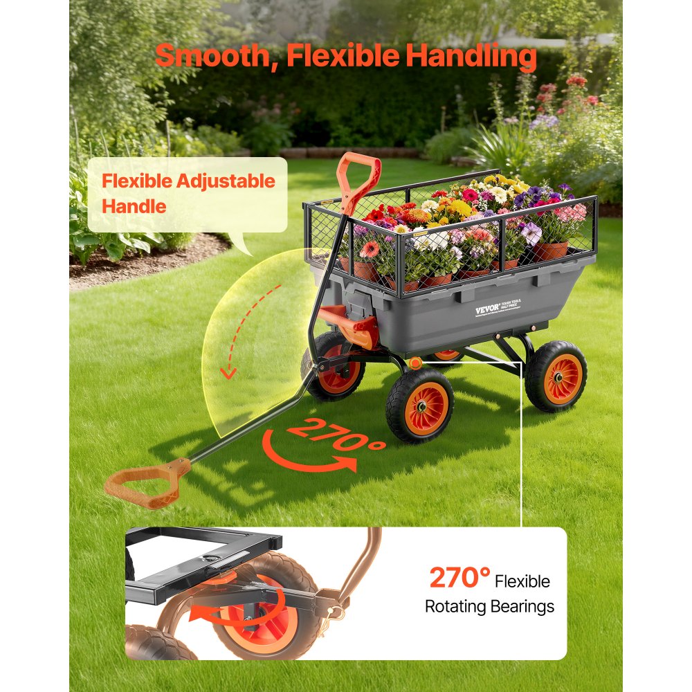 VEVOR Garden Dump Cart, 362 kg Poly Dump Cart, Garden Carts Dumps Wagon with Storage Fence, 90° Quick-Dumps Mechanism, 180° Swivel Wheels, 90° Rotating Handle, Yard Wagon for Plants, Soil, Crops