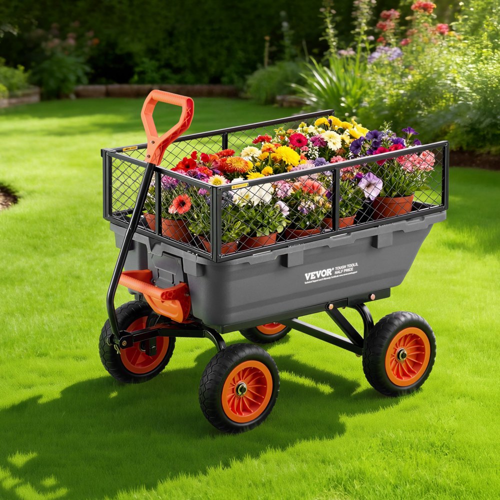 VEVOR Garden Dump Cart, 362 kg Poly Dump Cart, Garden Carts Dumps Wagon with Storage Fence, 90° Quick-Dumps Mechanism, 180° Swivel Wheels, 90° Rotating Handle, Yard Wagon for Plants, Soil, Crops