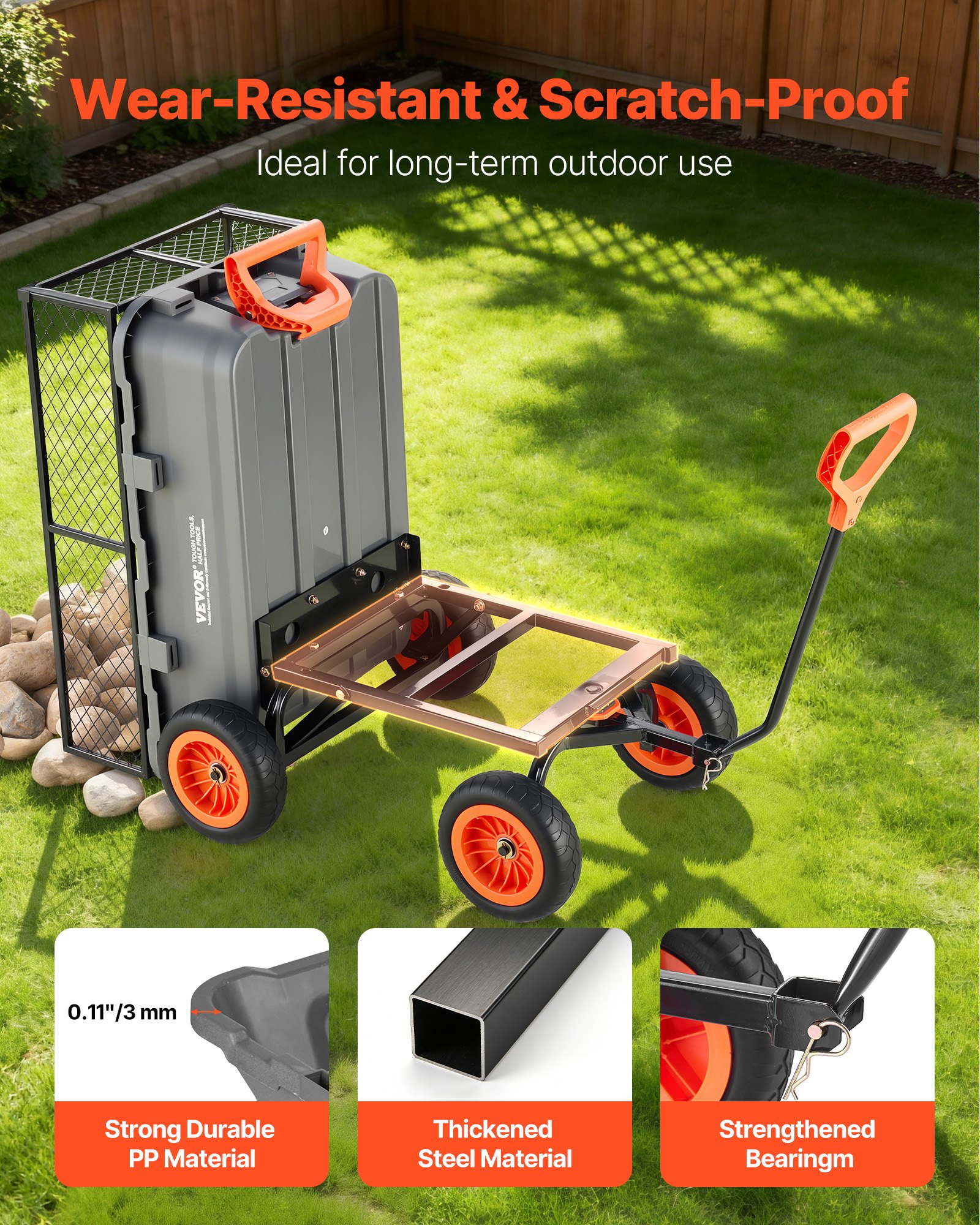 VEVOR Garden Dump Cart, 362 kg Poly Dump Cart, Garden Carts Dumps Wagon with Storage Fence, 90° Quick-Dumps Mechanism, 180° Swivel Wheels, 90° Rotating Handle, Yard Wagon for Plants, Soil, Crops