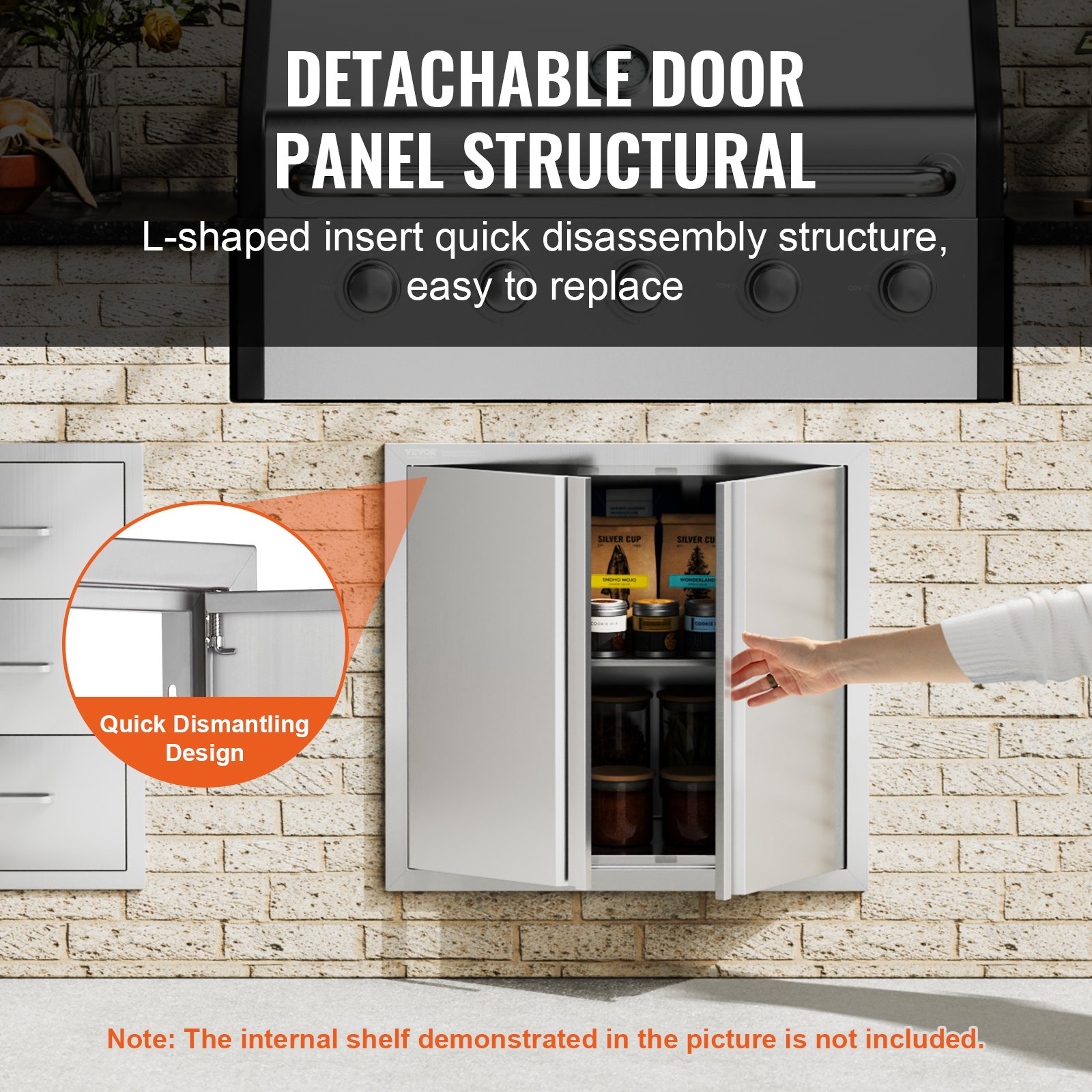 VEVOR Grill Access Door, 660 x 610 mm, Double Outdoor Kitchen Door, Flush Mounted Stainless Steel Door, Vertical Wall Door with Retractable Handles, for Grill Island, Grill Station, Outdoor Cabinet