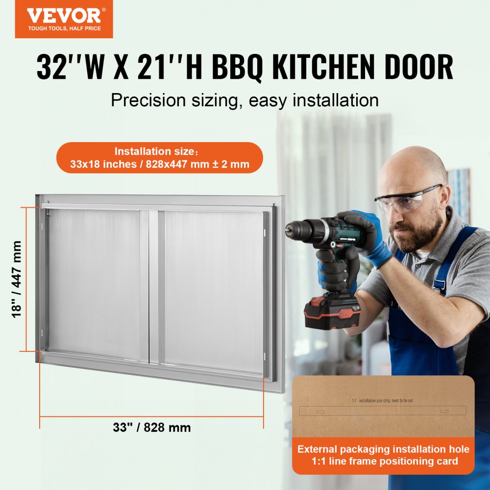 VEVOR Grill Access Door, 914 x 534 mm, Double Outdoor Kitchen Door, Flush Mounted Stainless Steel Door, Vertical Wall Door with Retractable Handles, for Grill Island, Grill Station, Outdoor Cabinet