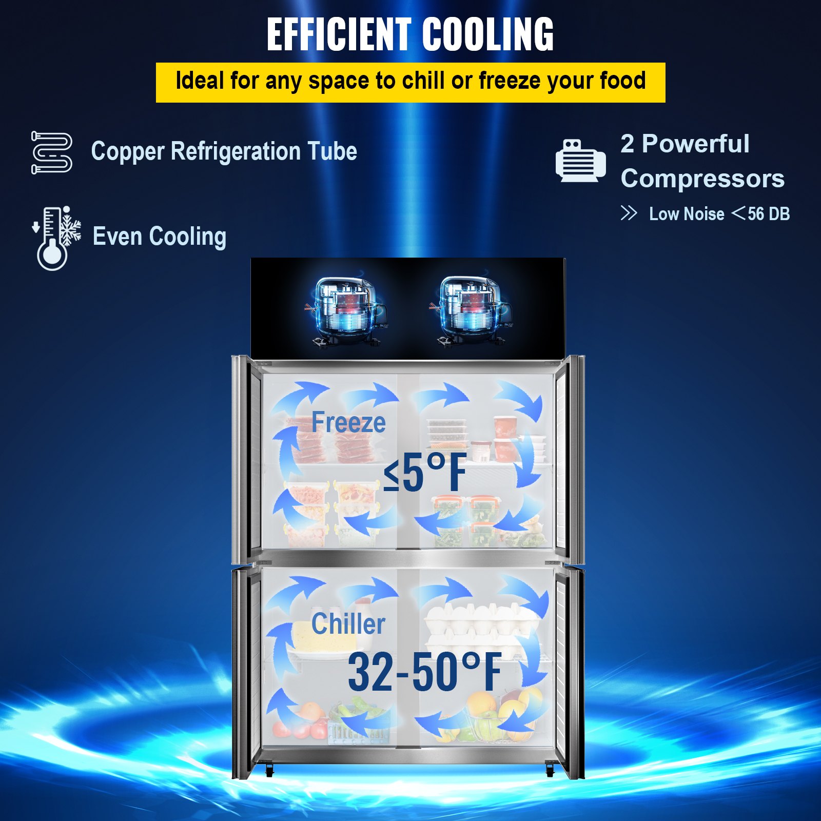 VEVOR Frigorifero Americano da 121 x 70 x 195 cm, Frigo da 4 Porte in Acciaio inox Volume da 780L, con compressore da 272 W per Basso Rumore, Uso per Negozi, Ristoranti, Hotel e Fabbriche Alimentari