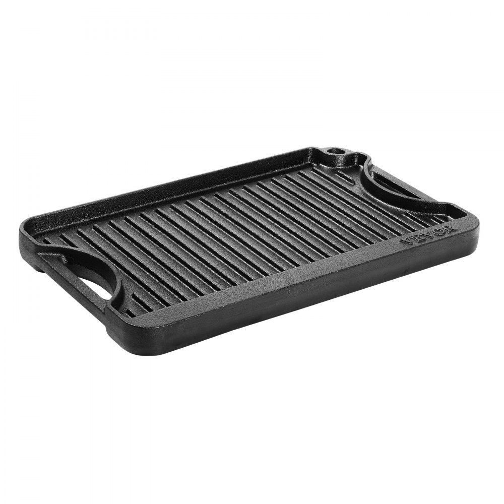VEVOR Reversible Cast Iron Griddle (185 x 342 mm), Portable Rectangular BBQ Pan with Handle, Family Cookware for Indoor/Outdoor Stovetops and Grills, Black