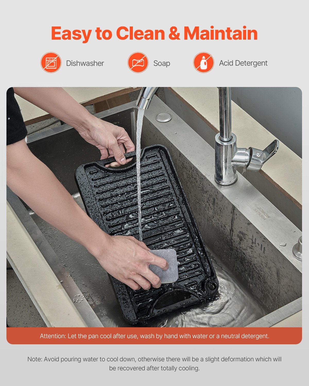 VEVOR Piastra per Cucina in Ghisa Reversibile 185 x 242 mm, Padella Rettangolare Portatile con Manico, Pentolame per Piano Cottura Peso ca. 3,7 kg Piastra per Cottura Barbecue Materiale in Ghisa