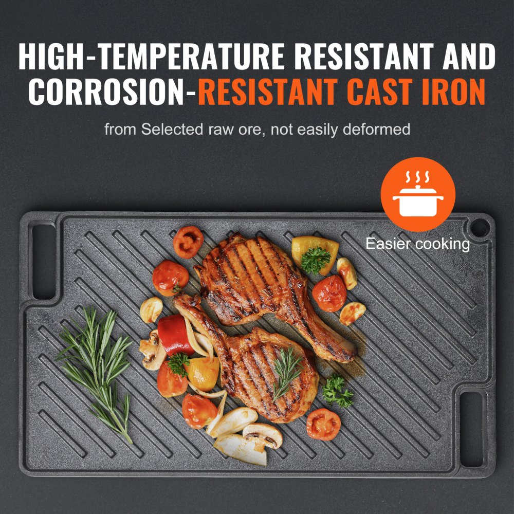 VEVOR Griglia/Piastra Reversibile, Piastra in Ghisa 425x246x16 mm, Piastra Rettangolare Bifacciale Spessore 3,3mm, Piastra Antiaderente per Griglia Cottura, Piastra per Barbecue, Griglia a Gas, Nero