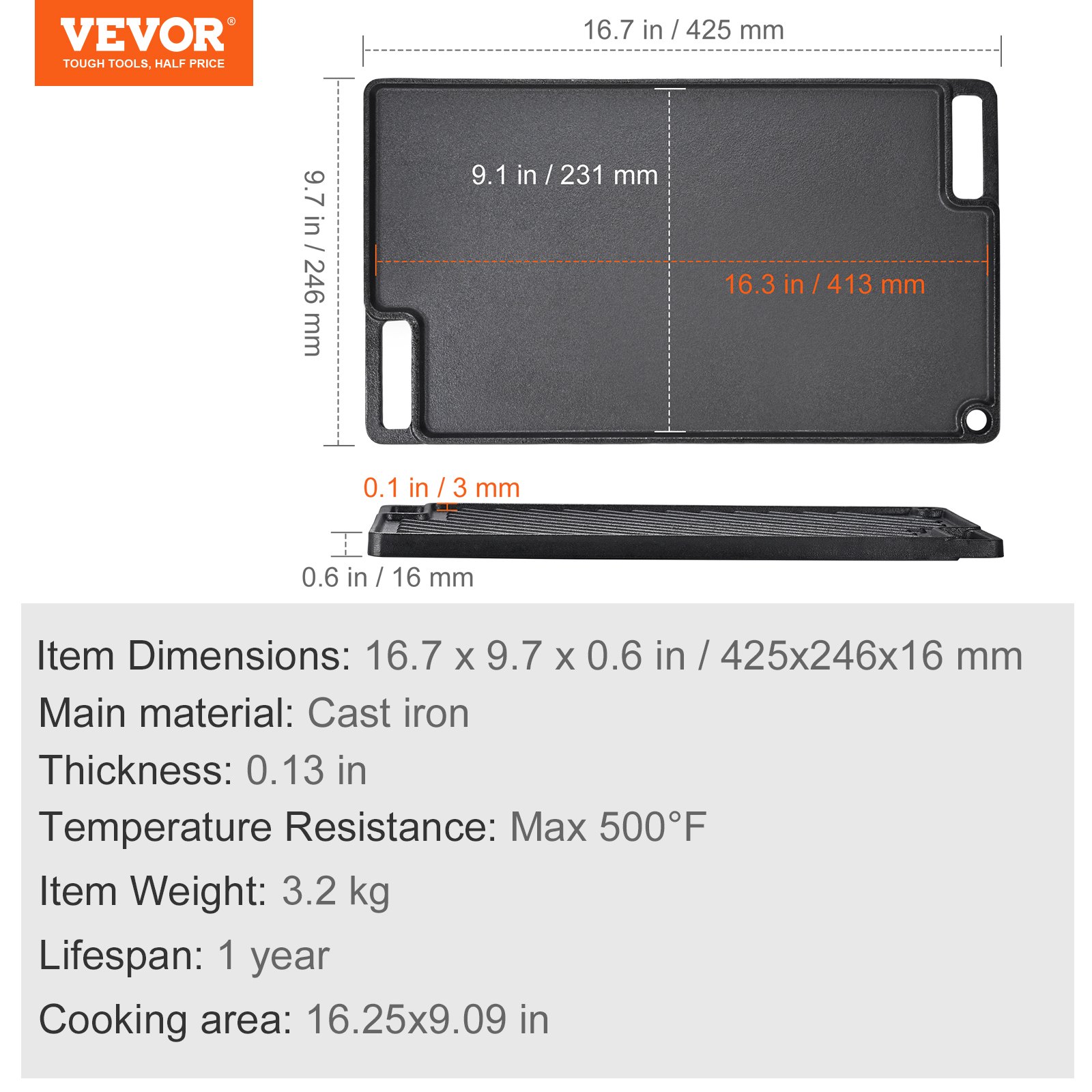VEVOR Griglia/Piastra Reversibile, Piastra in Ghisa 425x246x16 mm, Piastra Rettangolare Bifacciale Spessore 3,3mm, Piastra Antiaderente per Griglia Cottura, Piastra per Barbecue, Griglia a Gas, Nero