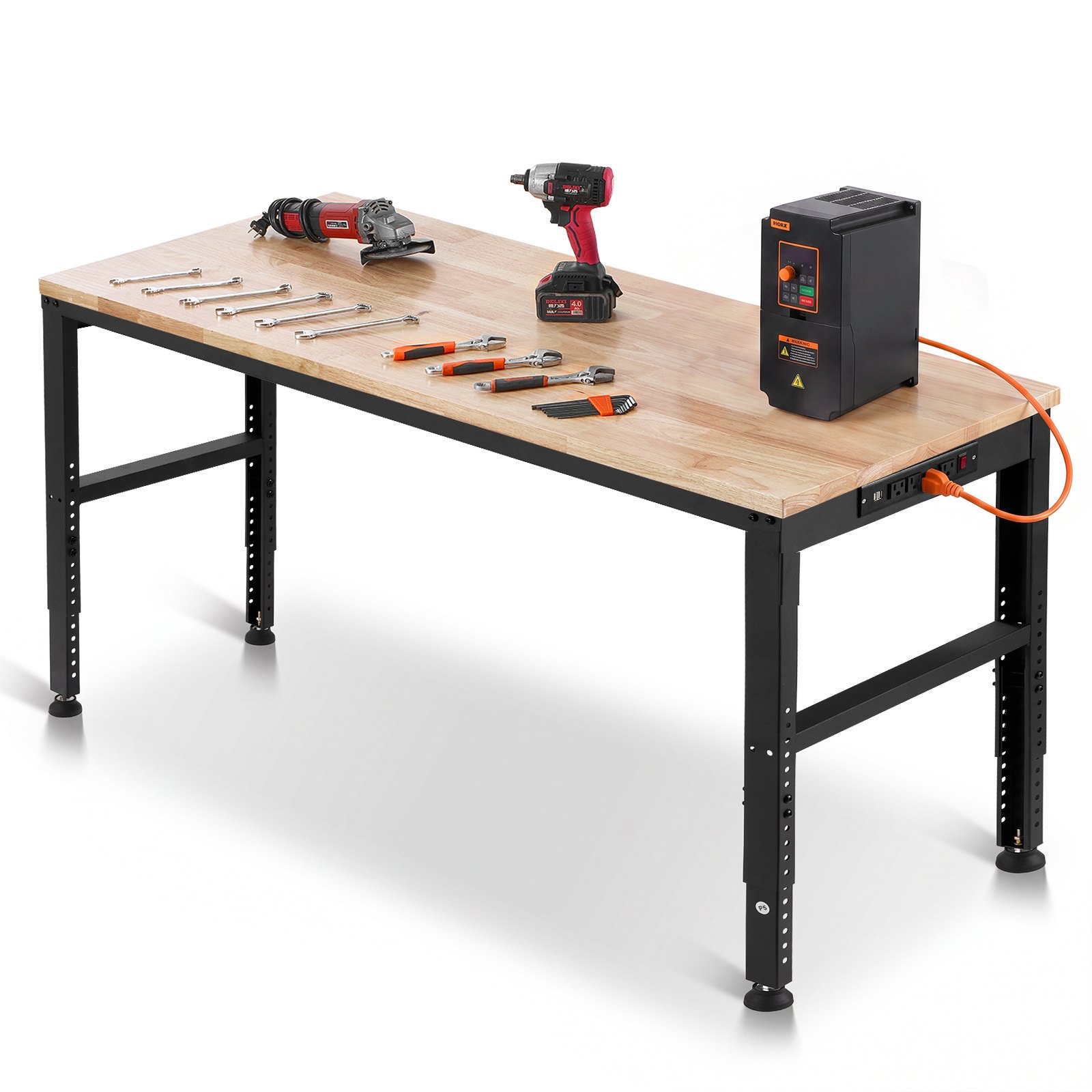 VEVOR Banco da Lavoro Regolabile Tavolo da Lavoro Dimensioni Piano 1549 x 508 mm Altezza Regolabile 688-910 mm Carico max. 900kg, Tavolo con Prese di Corrente Piano in Legno per Ufficio, Casa, Garage