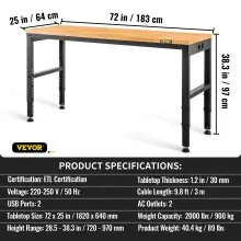 VEVOR Banco da Lavoro Officina, 183x64x97cm O7225 Tavolo da Lavoro Regolabile in Altezza da 72 a 97 cm per Garage, Officine, Negozi Commerciali, Officine di Riparazioni Automobilistiche, Uffici e Case