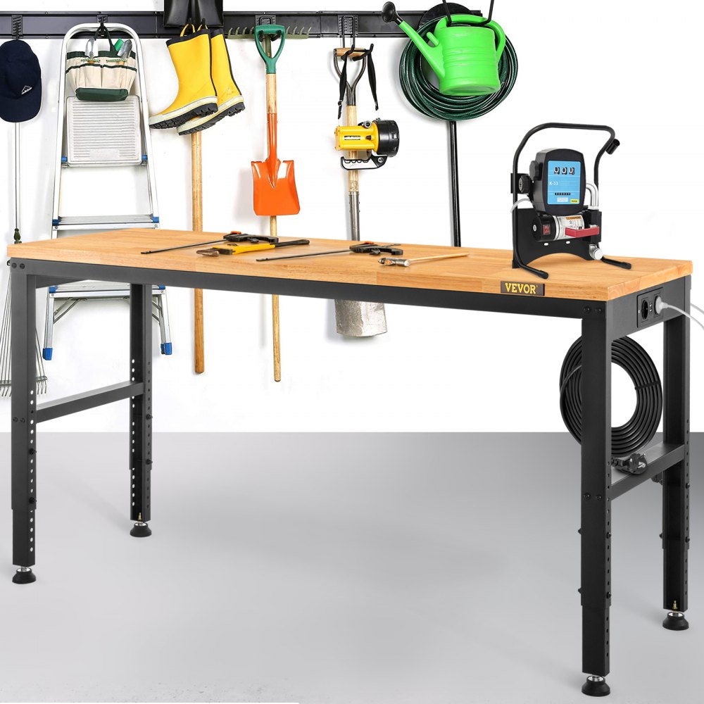 VEVOR Height-Adjustable Workbench 135 x 46 x 72 - 97 cm Clamping Table, 900 kg Weight Capacity Work Table, Brown Folding Tool Bench Made of Cold-Rolled Steel, Multifunctional Worktable for Warehouse & Office