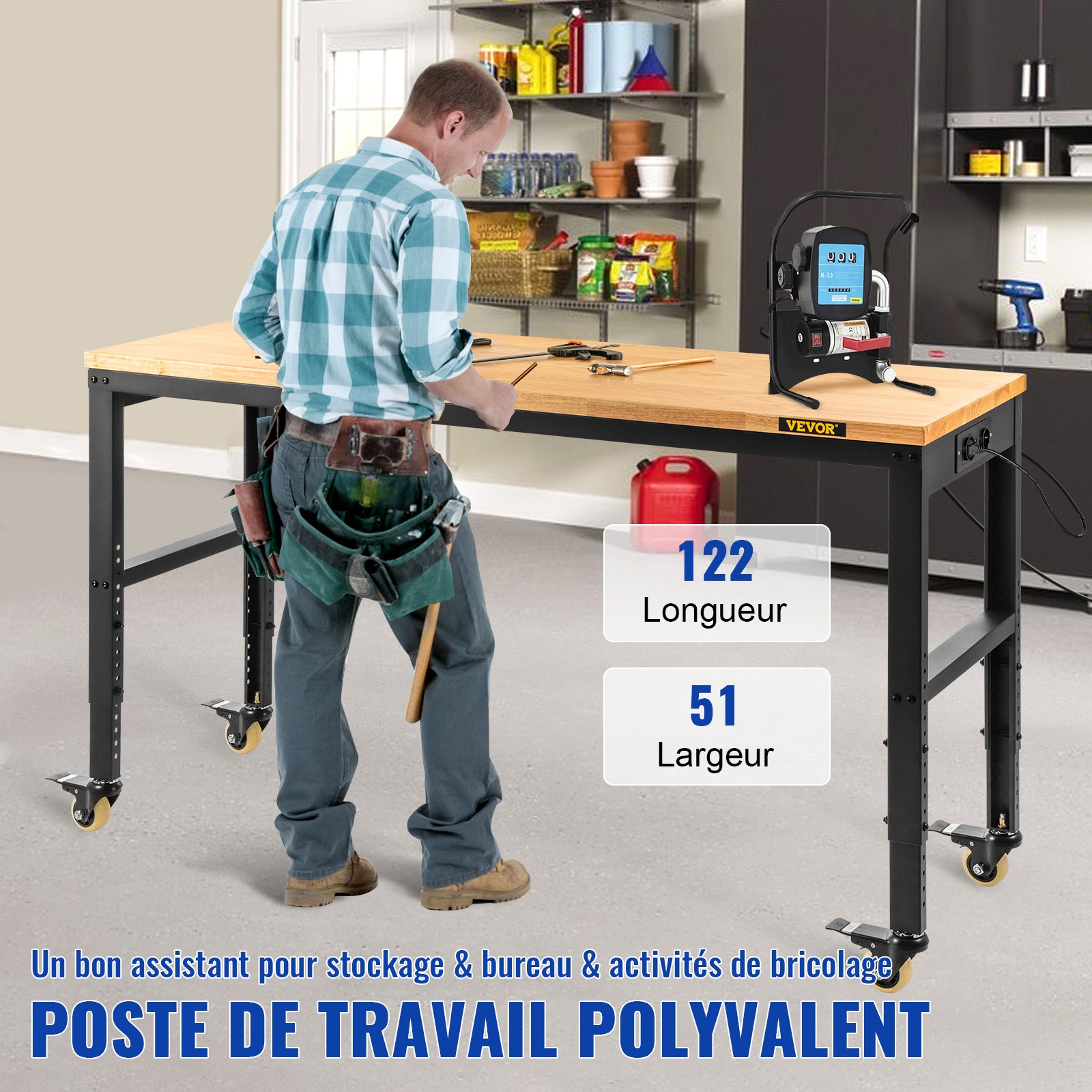 VEVOR Banco da Lavoro per Officina Garage 122x51x104 cm Tavolo da Lavoro Regolabile in Altezza 79-104 cm Struttura in Acciaio Multifunzionale con 4 Ruote per Riparazioni Fai-da-te