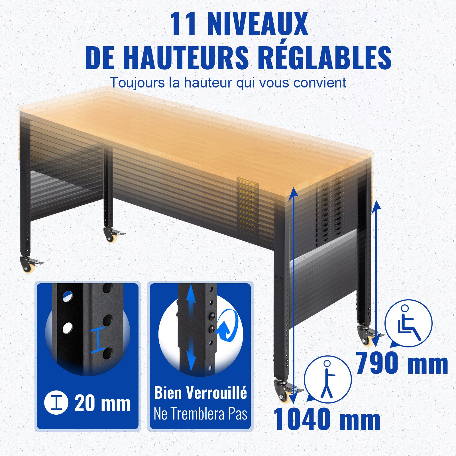 VEVOR Banco da Lavoro per Officina Garage 122x51x104 cm Tavolo da Lavoro Regolabile in Altezza 79-104 cm Struttura in Acciaio Multifunzionale con 4 Ruote per Riparazioni Fai-da-te
