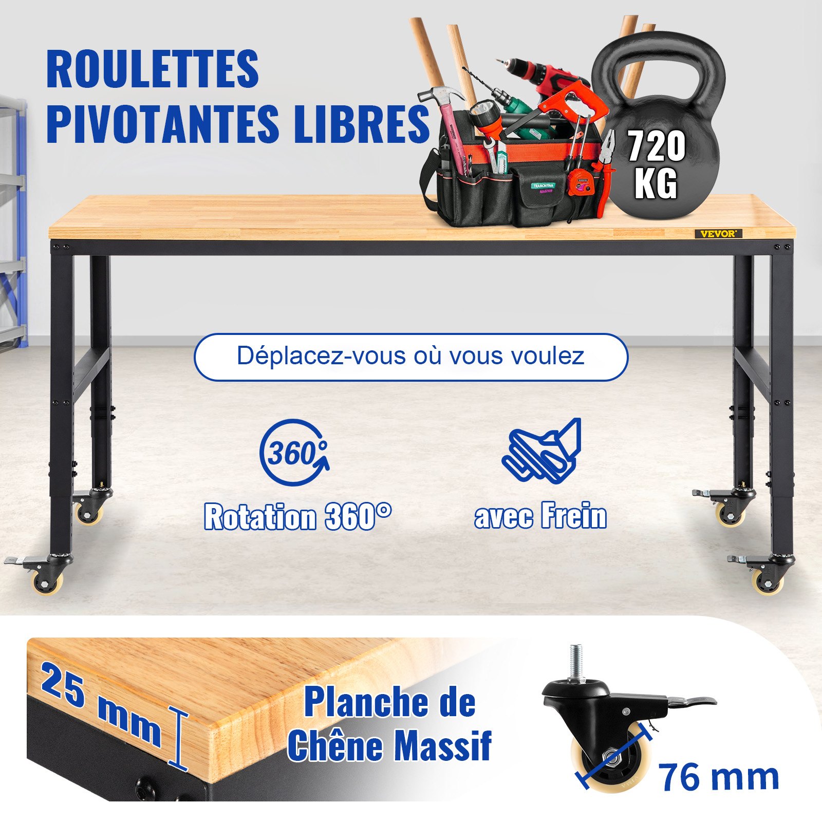 VEVOR Banco da Lavoro per Officina Garage 122x51x104 cm Tavolo da Lavoro Regolabile in Altezza 79-104 cm Struttura in Acciaio Multifunzionale con 4 Ruote per Riparazioni Fai-da-te
