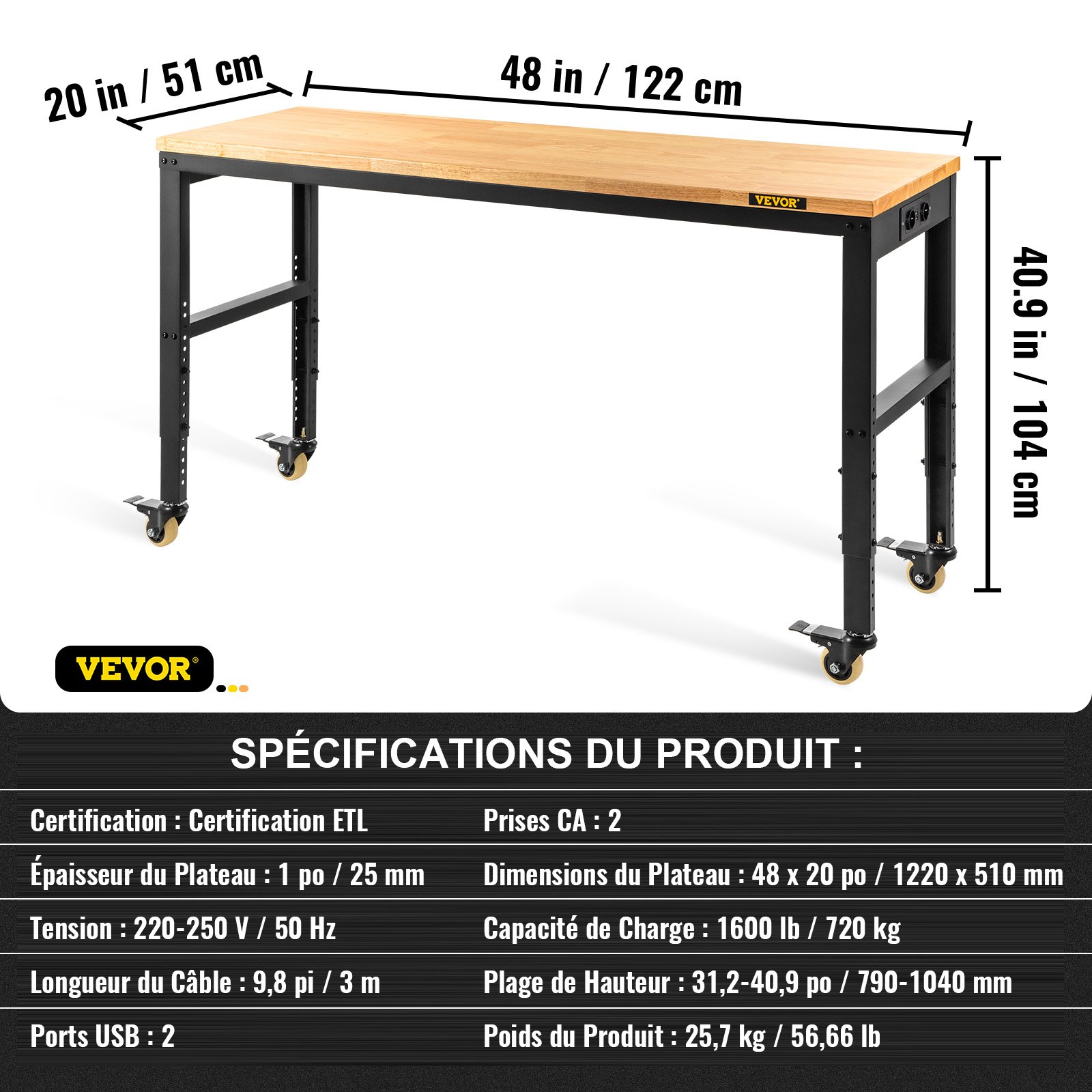 VEVOR Banco da Lavoro per Officina Garage 122x51x104 cm Tavolo da Lavoro Regolabile in Altezza 79-104 cm Struttura in Acciaio Multifunzionale con 4 Ruote per Riparazioni Fai-da-te