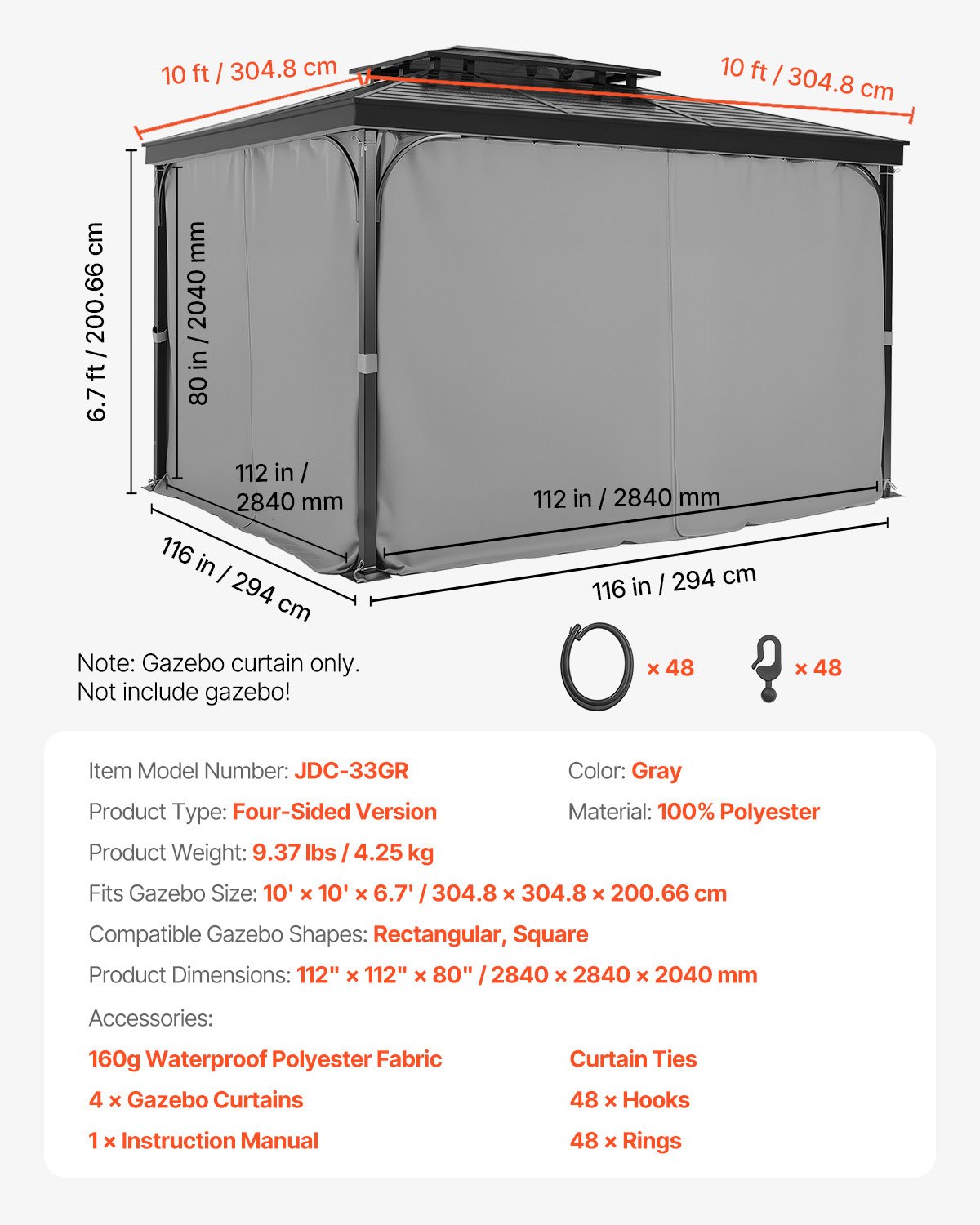 VEVOR Tende da Gazebo Impermeabili per Esterni, 284 x 284 x 204 cm, Tende per la Riservatezza con Parete Laterale a 4 Pannelli con Cerniere, Tende Parasole Universali, Solo Tende, Grigio
