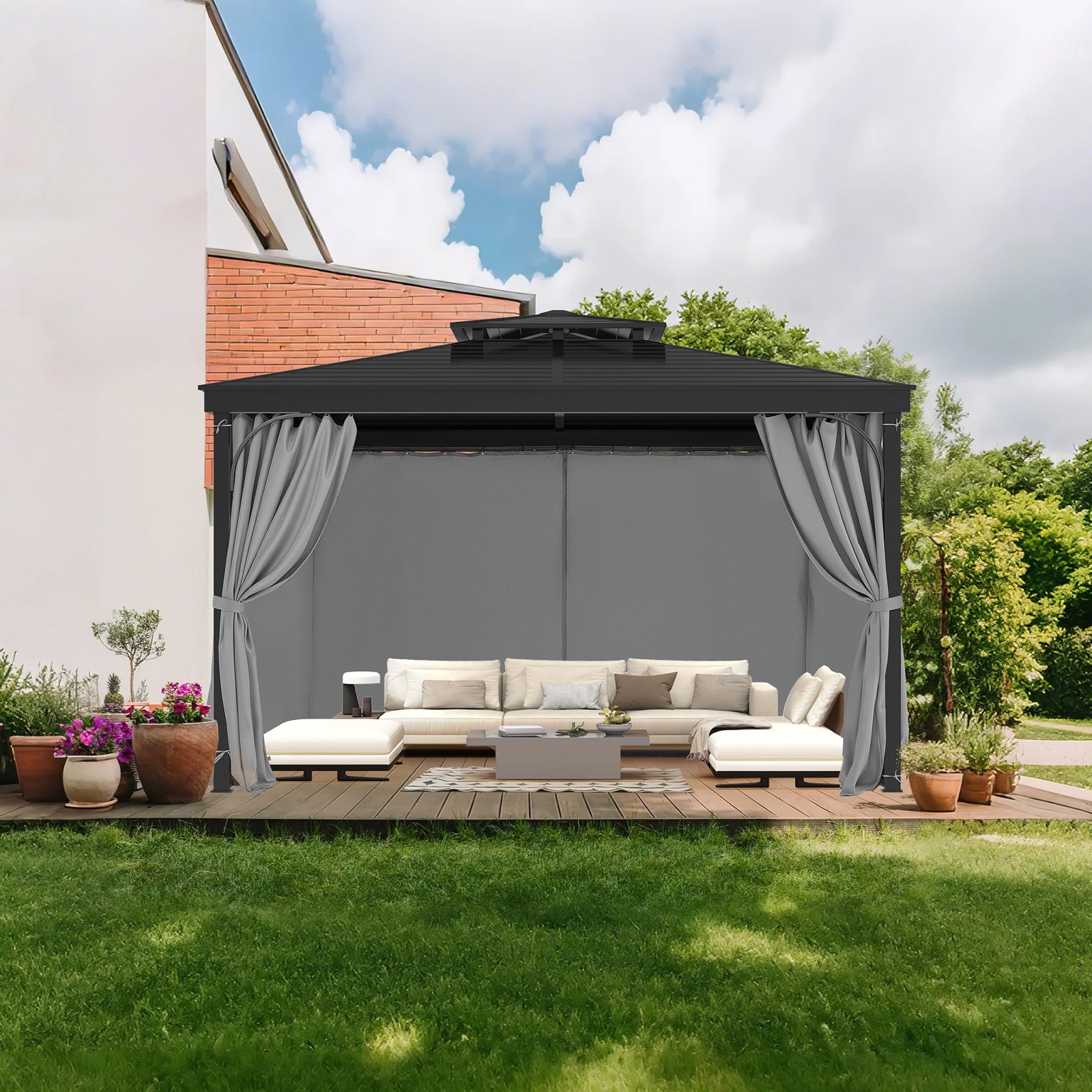 VEVOR Tende da Gazebo Impermeabili per Esterni, 284 x 284 x 211 cm, Tende per la Riservatezza con Parete Laterale a 4 Pannelli con Cerniere, Tende Parasole Universali, Solo Tende, Grigio