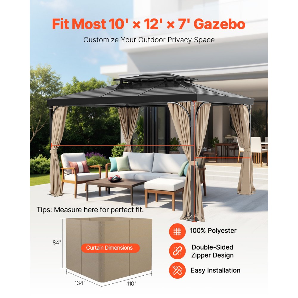 VEVOR Tenda da Gazebo Riservatezza Impermeabile per Esterni, 281 x 341 x 214 cm, Tenda di Ricambio Universale a 4 Pannelli con Cerniera per Patio Baldacchino, Cortile Solo Tende, Cachi