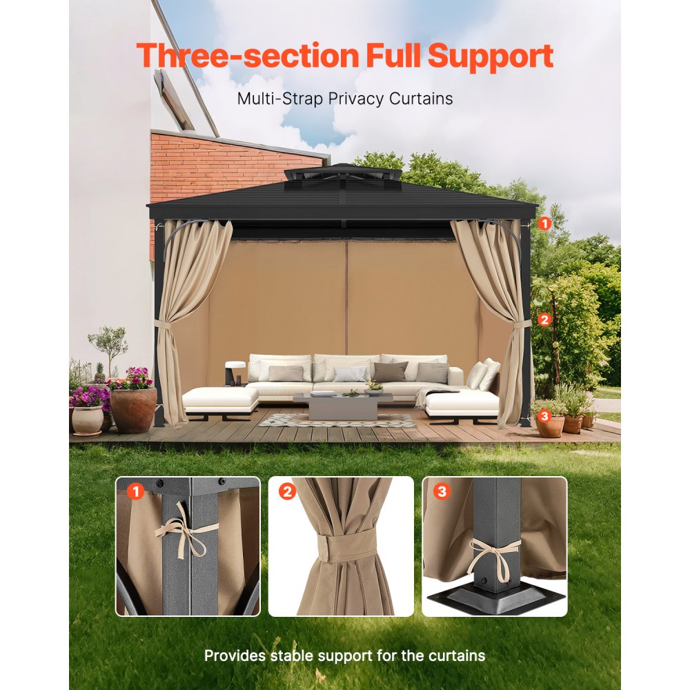 VEVOR patio curtain, 2810x3410x2140 mm, side wall privacy curtains for gazebos with zippers, sunshade curtains as a replacement for patio roofs, curtains only, khaki