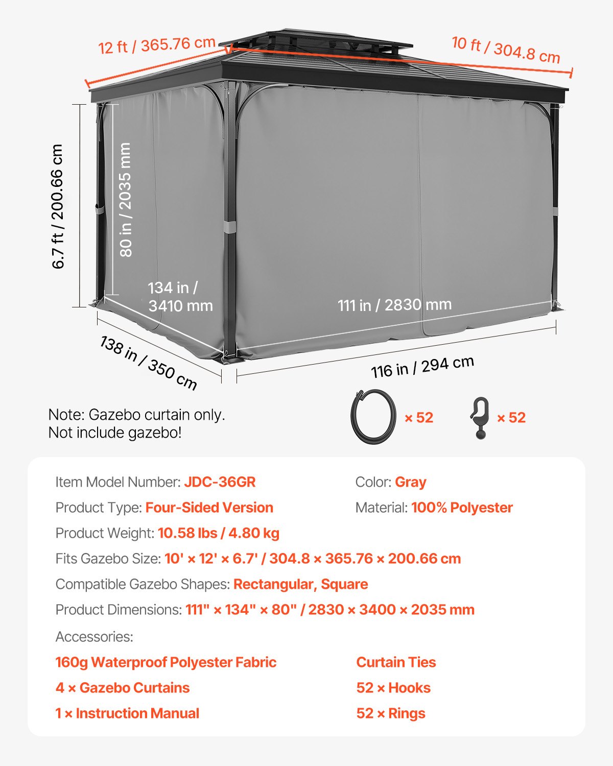 VEVOR Tende da Gazebo Impermeabili per Esterni, 283 x 340 x 203,5 cm, Tende per la Riservatezza con Parete Laterale a 4 Pannelli con Cerniere, Tende Parasole Universali, Solo Tende, Grigio