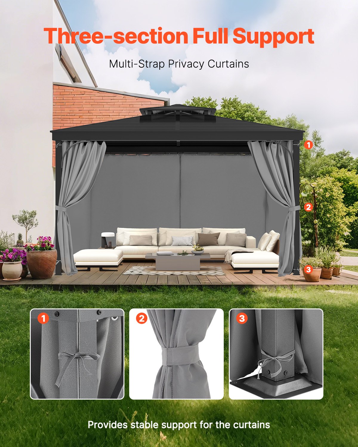 VEVOR patio curtain, 2830x3400x2035mm, side wall privacy curtains for gazebos with zippers, sunshade curtains as a replacement for patio roofs, curtains only, gray