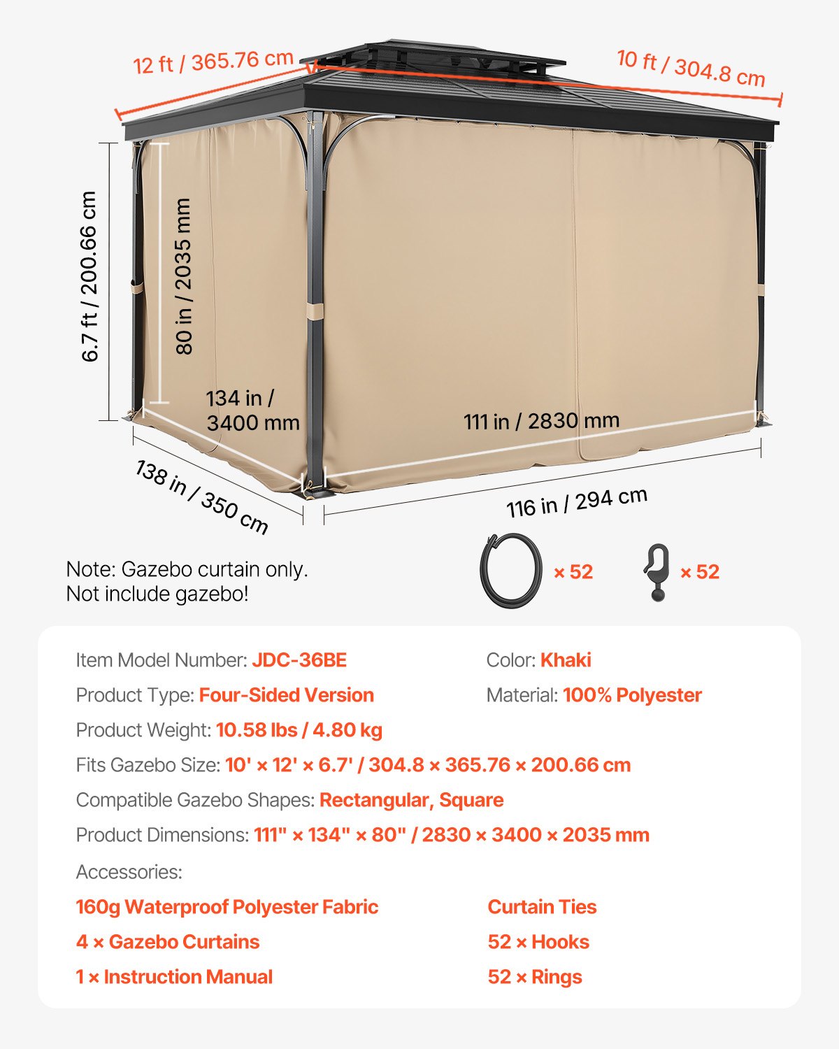 VEVOR Tende da Gazebo Impermeabili per Esterni, 284 x 284 x 211 cm, Tende per la Riservatezza con Parete Laterale a 4 Pannelli con Cerniere, Tende Parasole Universali, Solo Tende, Cachi