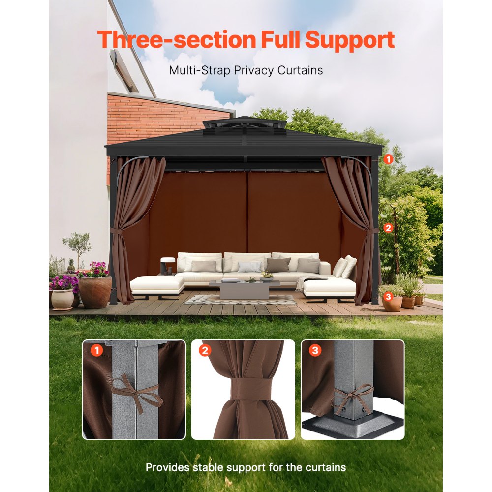 VEVOR Pavilion Curtain 3440x3440x2130 mm, 4-piece side wall pavilion privacy curtains with zippers, sunshade curtains as a replacement for patio roofing, curtains only, brown