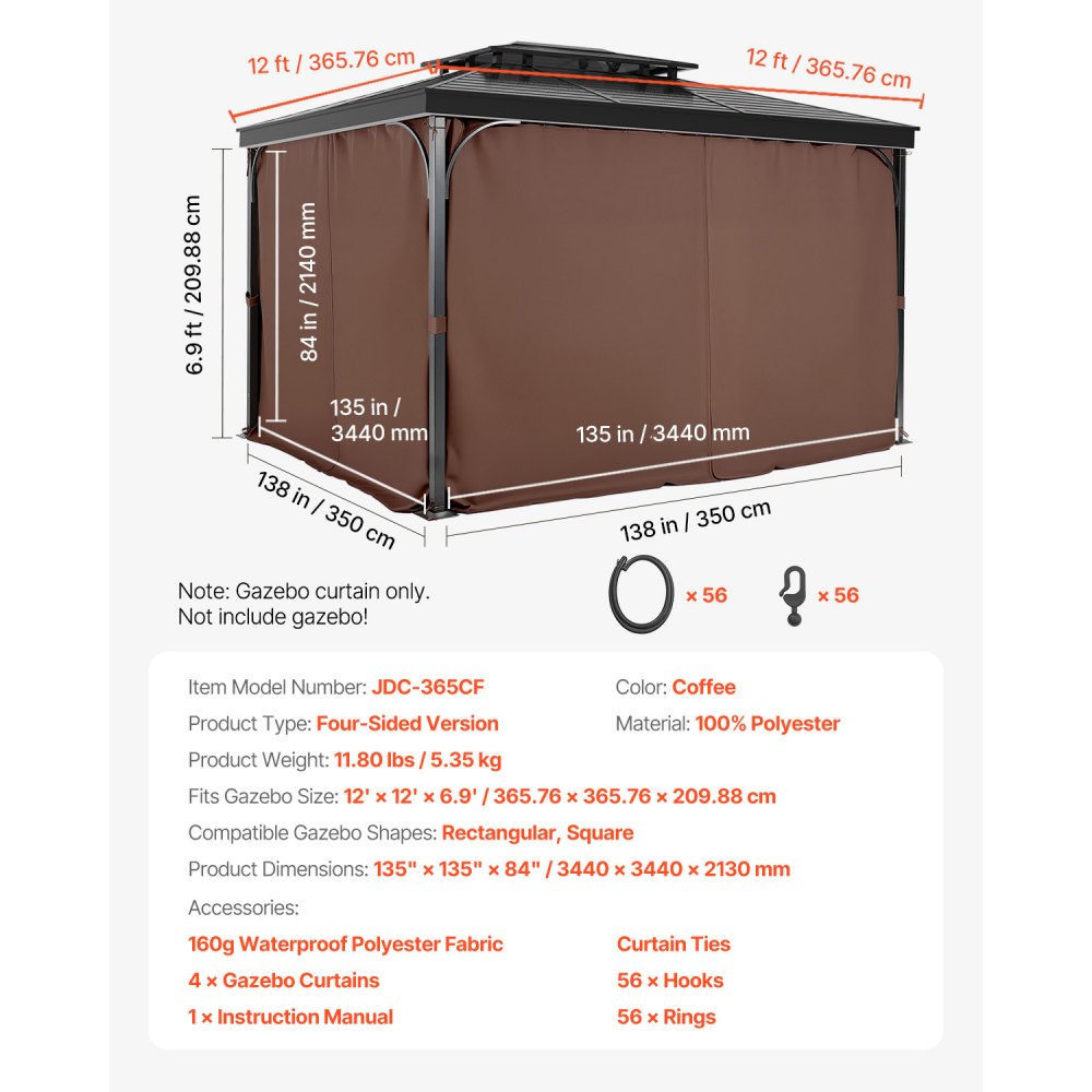 VEVOR Pavilion Curtain 3440x3440x2130 mm, 4-piece side wall pavilion privacy curtains with zippers, sunshade curtains as a replacement for patio roofing, curtains only, brown