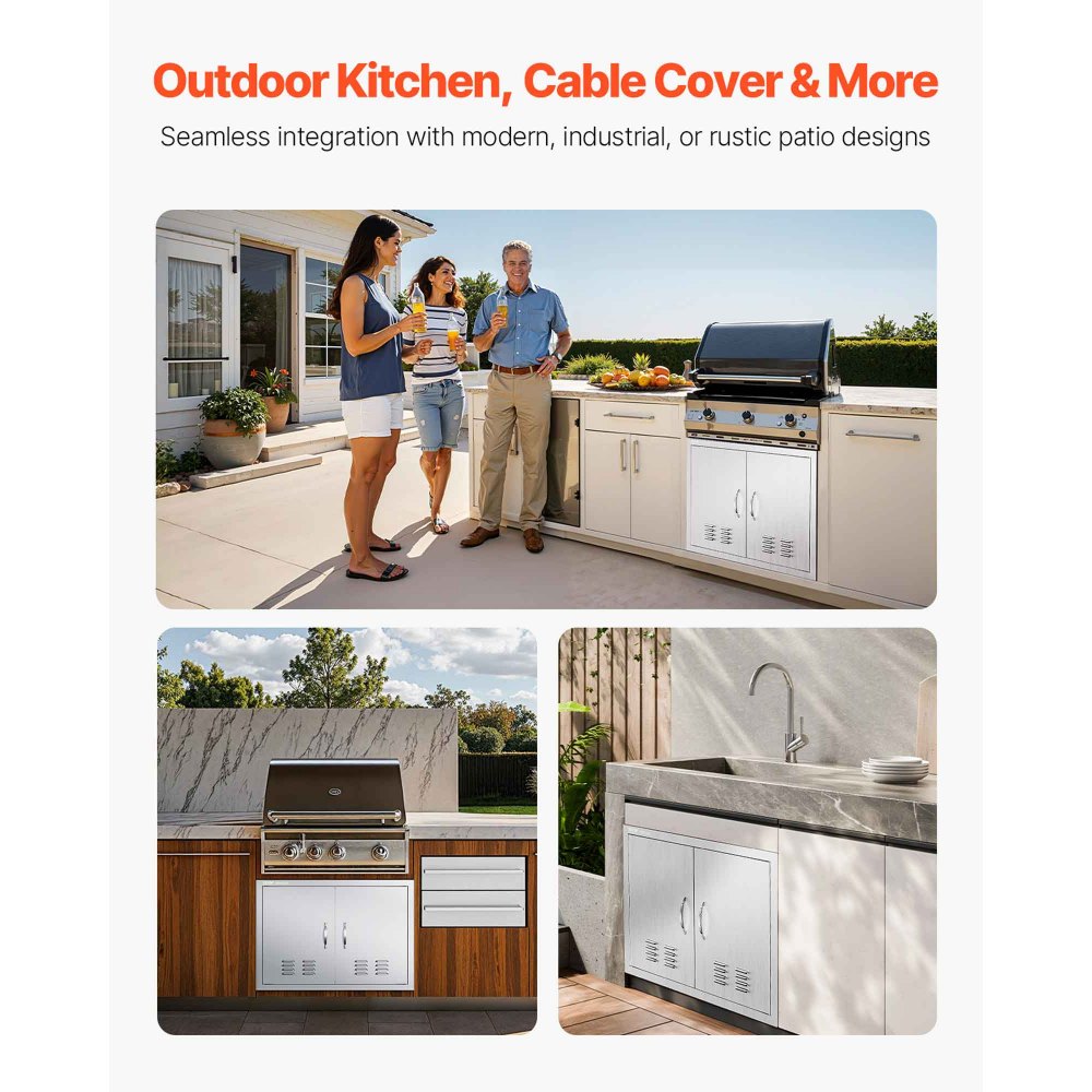 VEVOR Porta accesso per cucina, 762 x 533 mm, Doppia porta da cucina esterna, Porta in acciaio inossidabile montaggio ad incasso con maniglie e prese d'aria, isola cucina, mobiletto da esterno