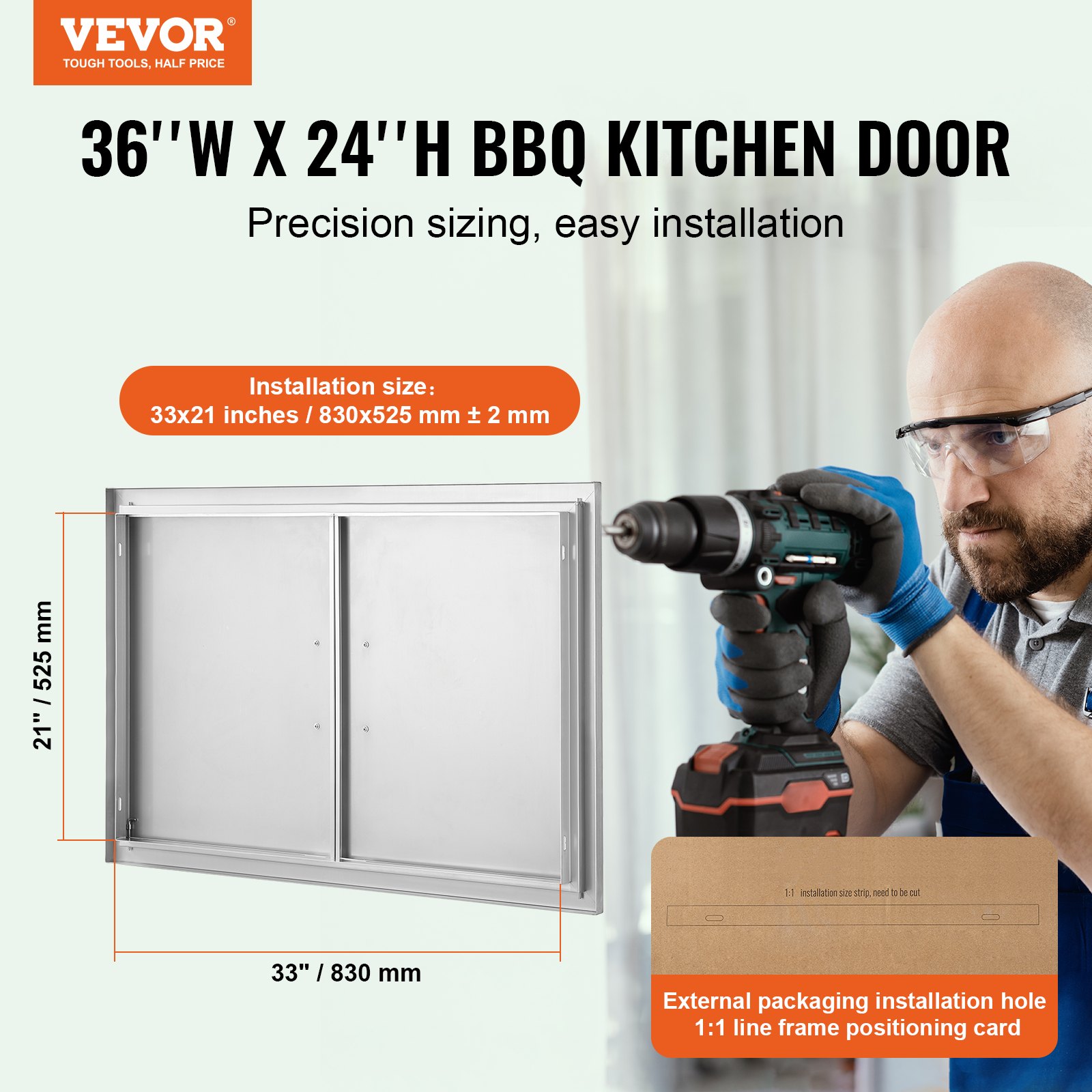 VEVOR Grill Access Door, 915 x 610 x 46 mm, Double Outdoor Kitchen Door, Flush Mounted Stainless Steel Door, Vertical Wall Door with Handles, for Grill Island, Grill Station, Outdoor Cabinet, etc.