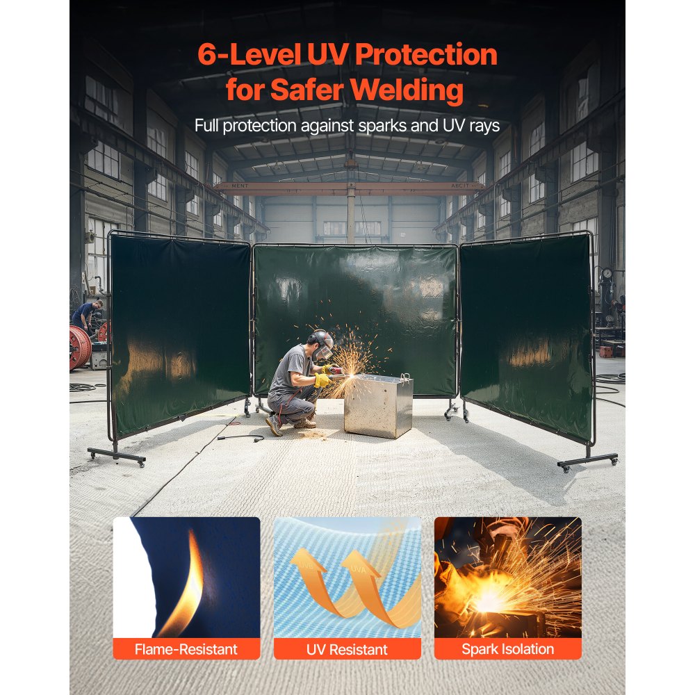 VEVOR Schermo per Saldatura con Telaio, Schermo Protettivo per Saldatura 3 Pannelli da 1,74 x 2,34 m, Tenda di Protezione di Sicurezza in Vinile Ignifugo con 12 Ruote Protezione UV a 6 Livelli
